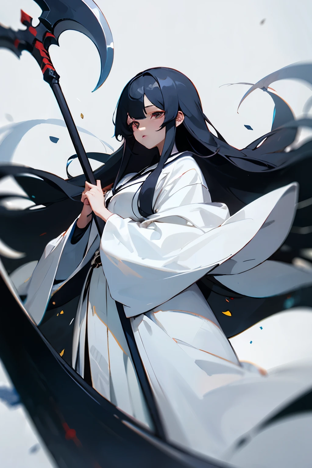 long black hair,cute,Marume,Dressed like a grim reaper,1 person,White base,large Scythe