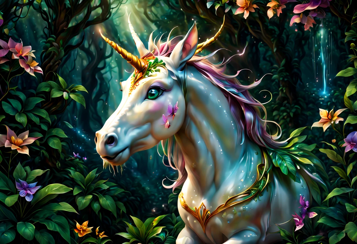 (best quality,4k,8k,highres,masterpiece:1.2),ultra-detailed,(realistic,photorealistic,photo-realistic:1.37),enchanted garden,mythical creature,majestic horned creature,rainbow-inspired colors,dreamlike atmosphere,magical ambiance,sparkling sunlight,flourishing flowers,vibrant plants,lush greenery,ethereal beauty,floating petals,whimsical environment,fantasy realm,tranquil setting,harmonious nature,serene landscape,playful butterflies,glowing fireflies,gentle breeze,mystical elements,pure white unicorn,flowing mane,magical lighting,graceful posture,curved horn,curiosity in its eyes,peaceful expression,fantastic surroundings,radiating aura,picturesque scenery,stunning details,enchanted forest,fantastic beast