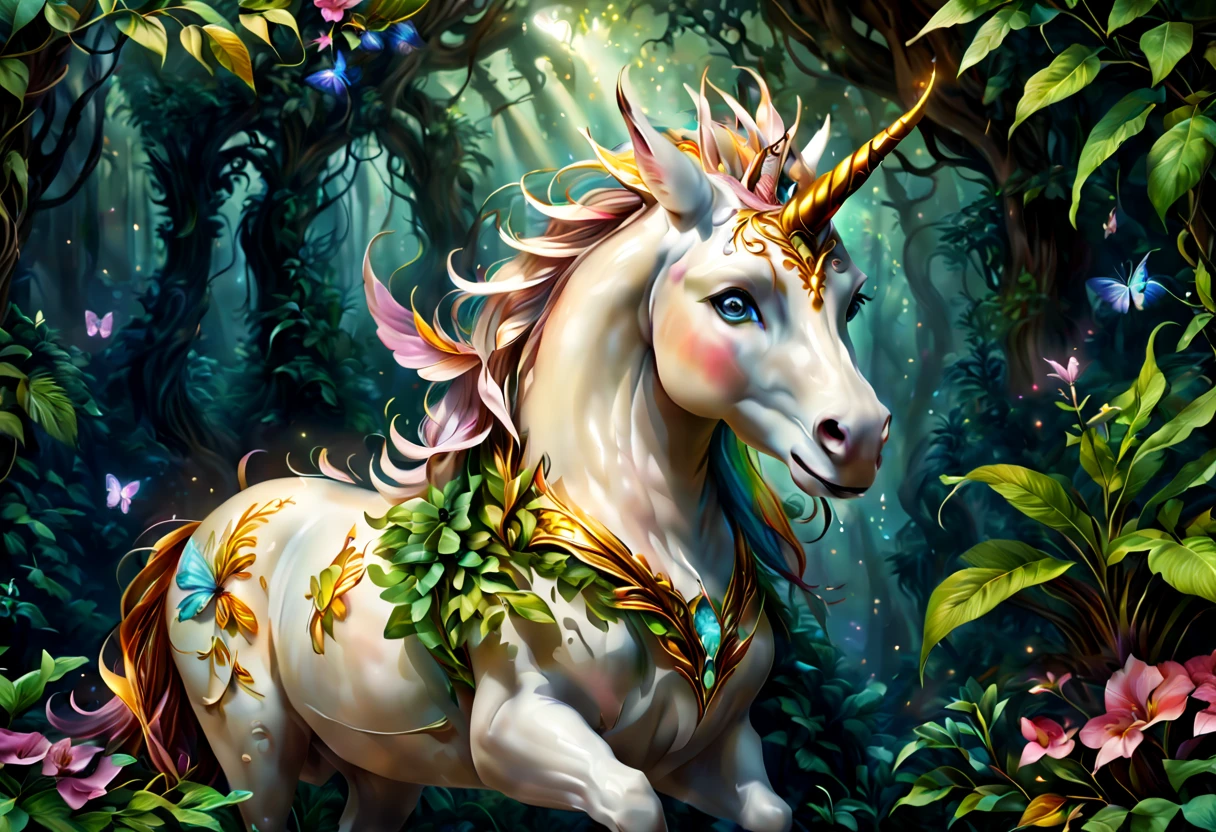 (best quality,4k,8k,highres,masterpiece:1.2),ultra-detailed,(realistic,photorealistic,photo-realistic:1.37),enchanted garden,mythical creature,majestic horned creature,rainbow-inspired colors,dreamlike atmosphere,magical ambiance,sparkling sunlight,flourishing flowers,vibrant plants,lush greenery,ethereal beauty,floating petals,whimsical environment,fantasy realm,tranquil setting,harmonious nature,serene landscape,playful butterflies,glowing fireflies,gentle breeze,mystical elements,pure white unicorn,flowing mane,magical lighting,graceful posture,curved horn,curiosity in its eyes,peaceful expression,fantastic surroundings,radiating aura,picturesque scenery,stunning details,enchanted forest,fantastic beast