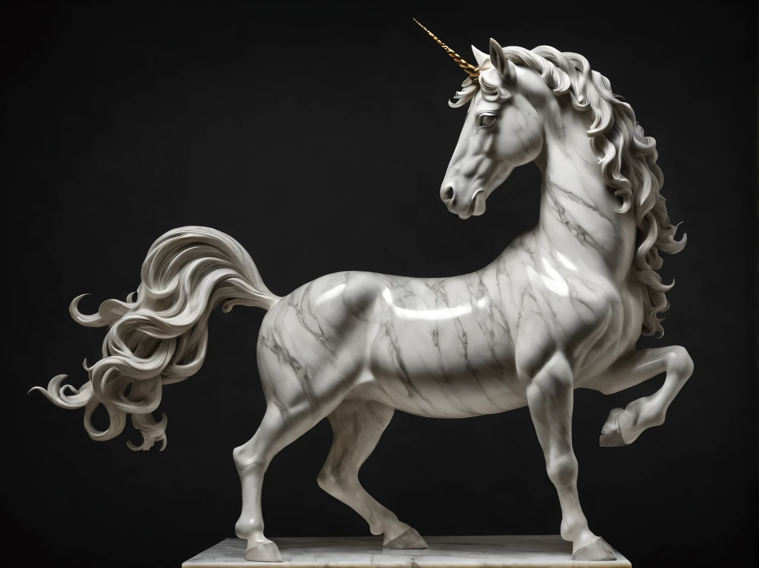 Marble Unicorn Sculpture, whole body, full pose, black and white marble unicorn, work of sculptor Francesco Chirolo, complete imitation of the style of Francesco Chirolo, complex parts, very detailed description, accurate transmission, high detail, dark background, complex parts, High complexity