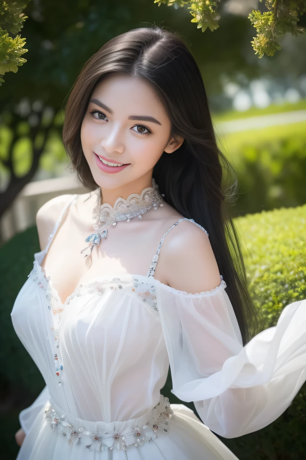 (masterpiece、High resolution、high quality),(the most perfect beauty)、(perfect anatomy、beautiful limbs、beautiful skin)、double eyelid、Crystal clear black eyes、long hair、smile、Model Woman、artistic pictures、((Mystical scene))、beautiful shadow、aesthetic Pose、tight waist、glamorous body、sexy、white shirt、tattered clothes、Pasture、professional photography、expressive、fresh