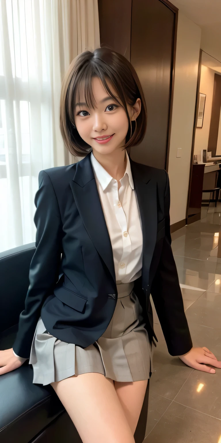 A woman with light brown hair is standing in a hotel lobby wearing a short pleated skirt。, very sexy costume, 厳格なsuitを着ている, Real Anime Girls, anime girl cosplay, Stylish glamorous cosplay, sexy costume, ファッションsuitを着ている, suitを着て, Well dressed, タイトなsuitを着て, sexy look, suit, suitを着ている, suitを着ている、((smile:1.4))、