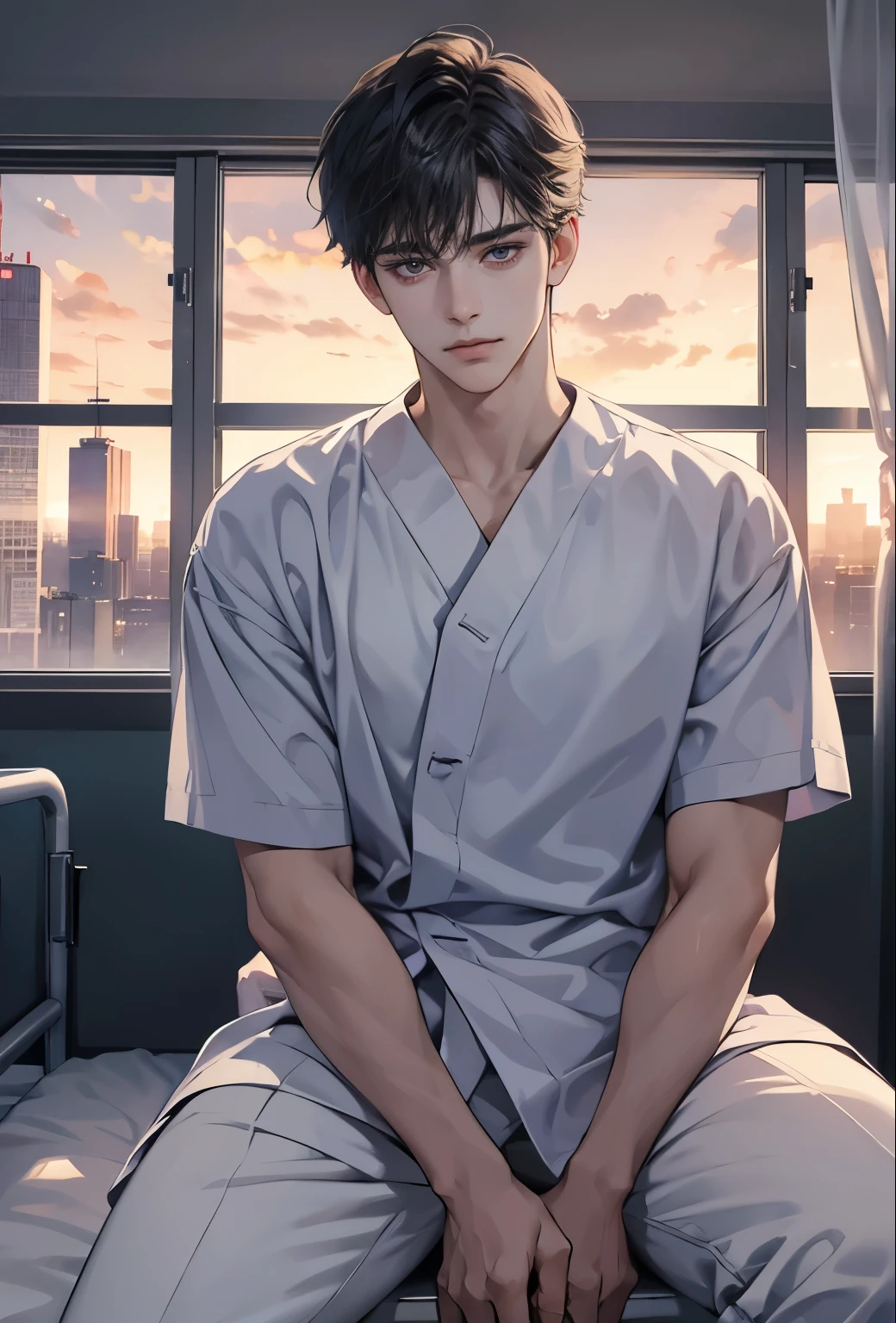 1 boy, handsome male, handsome face, artist:ciloranko, depressed, half closed eyes, Sitting on hospital bed, wearing hospital gown, hospital ward background, window, dusk, best quality, amazing quality, very aesthetic, absurdres
