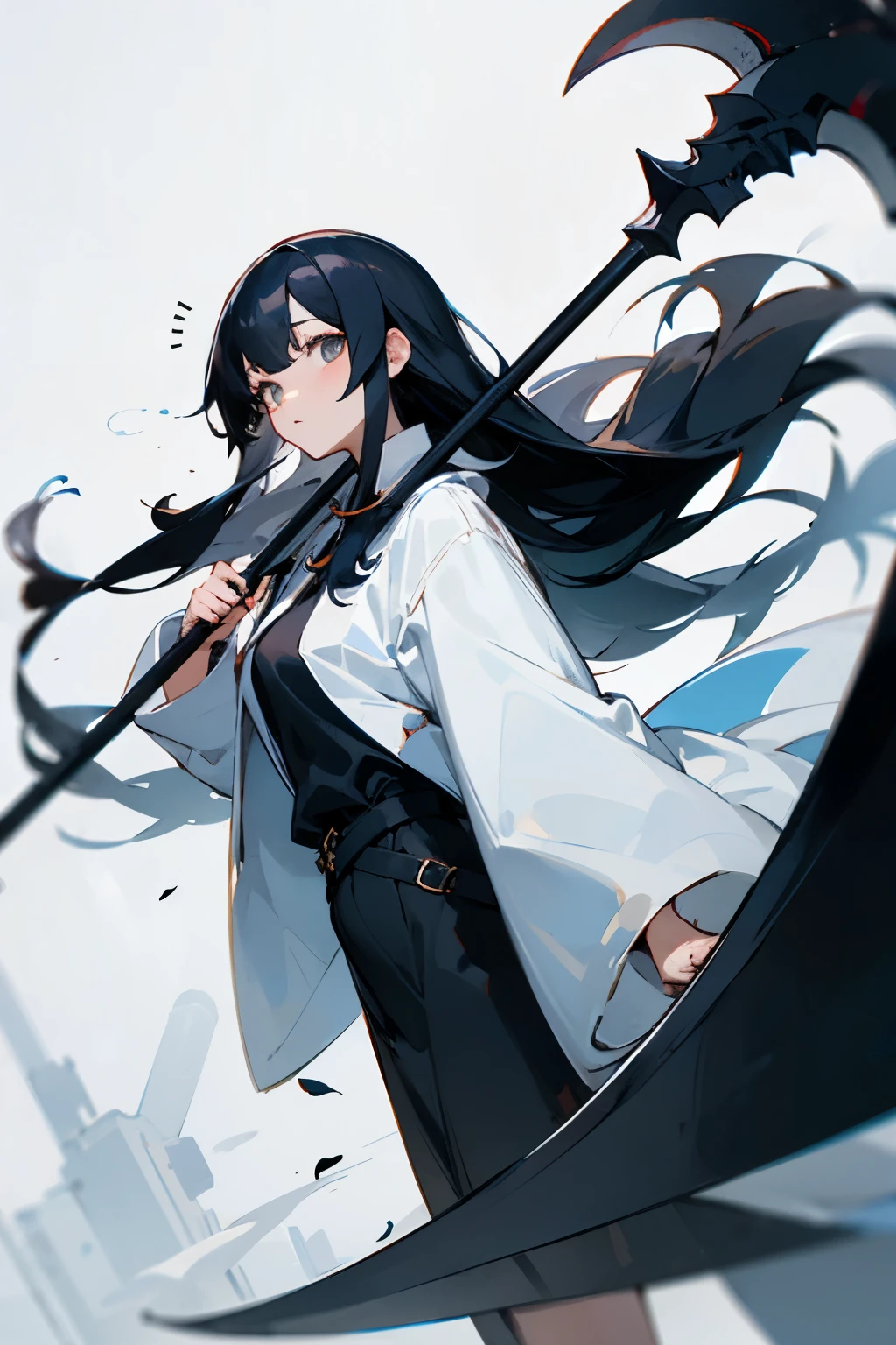 long black hair，cute，Marume，Dressed like a grim reaper，1 person，White base，large Scythe