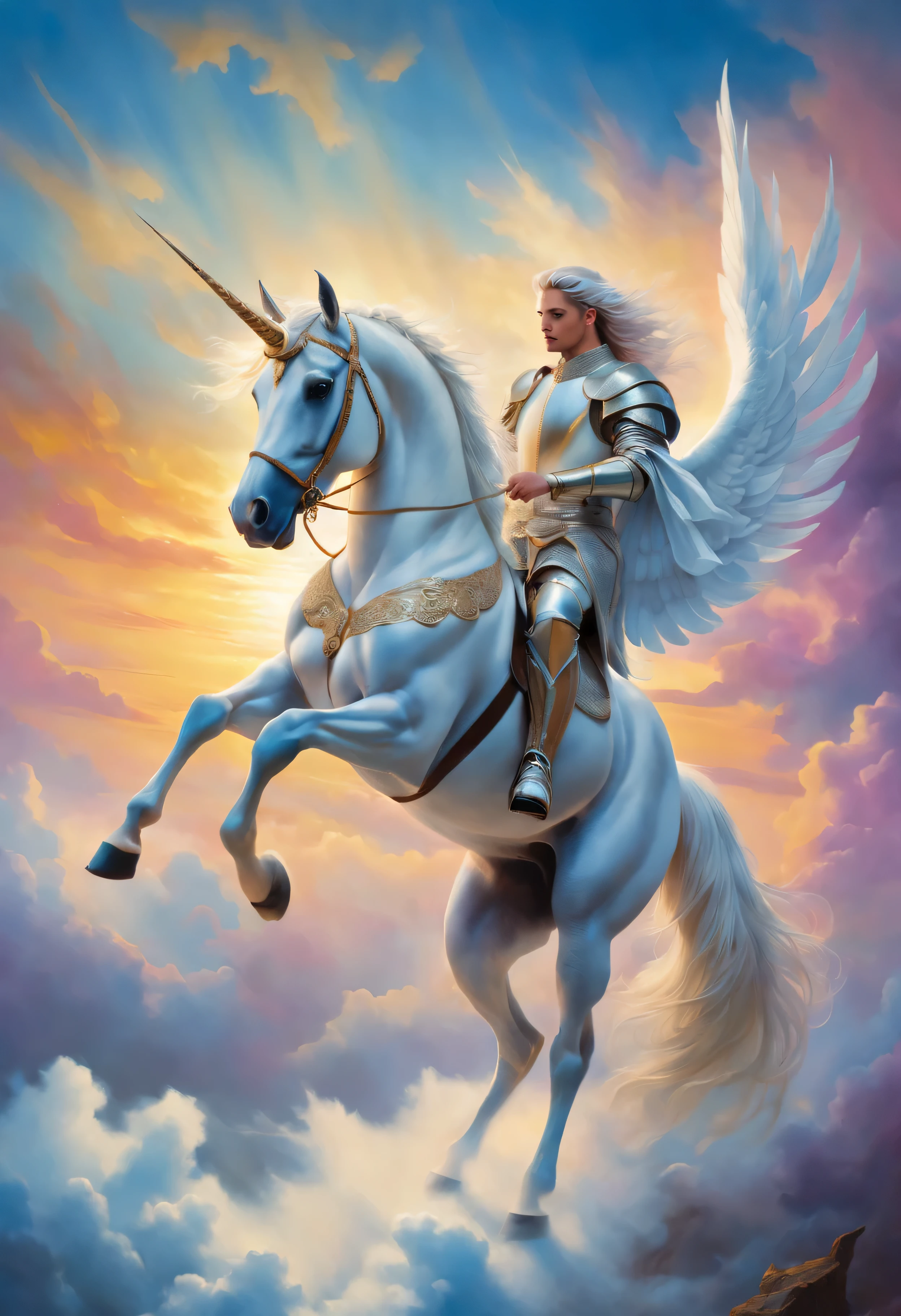 Woman in white dress riding unicorn, karol bak (karol bak) beautiful art painting, Trend of CGsociety, fantasy art, karol bak-乌德, beautiful fantasy art, breathtaking fantasy art, beautiful fantasy painting, very beautiful fantasy art, Margaret Villeneuve, prancing horse, an all white horse, white horse