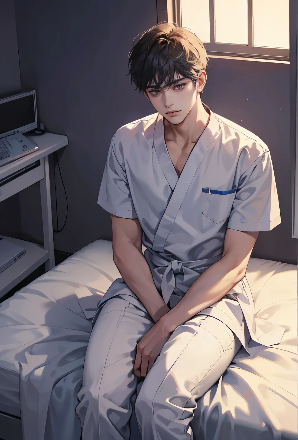 1 boy, handsome male, handsome face, artist:ciloranko, depressed, half closed eyes, Sitting on bed, wearing hospital gown, hospital ward background, window, dusk, best quality, amazing quality, very aesthetic, absurdres
