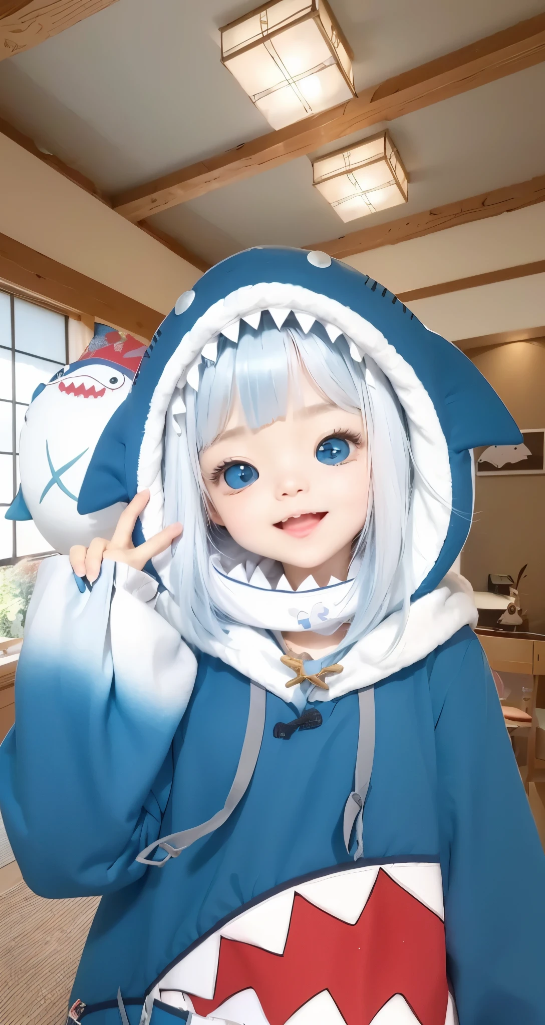 Real life adaption of this character , Korean beauty face, happy expression, her mouth is open,realistic same hair,multi colored hair,(realistic same outfit) ,there is a cute shark doll on her shoulder,realistic same background , realistic light, realistic shadow, realism, hyper realistic,(photorealistic:1.2), normal small eyes, blue eyes color,normal hand,
