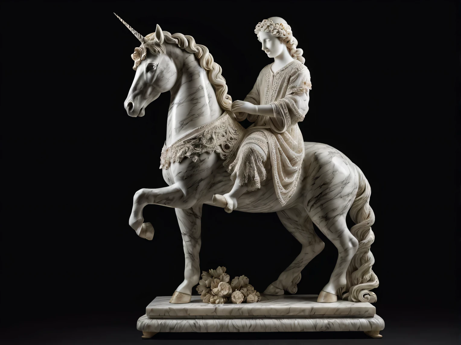 Marble Unicorn Sculpture, whole body, full pose, black and white marble unicorn, work of sculptor Francesco Chirolo, complete imitation of the style of Francesco Chirolo, complex parts, very detailed description, accurate transmission, high detail, dark background, complex parts, High complexity