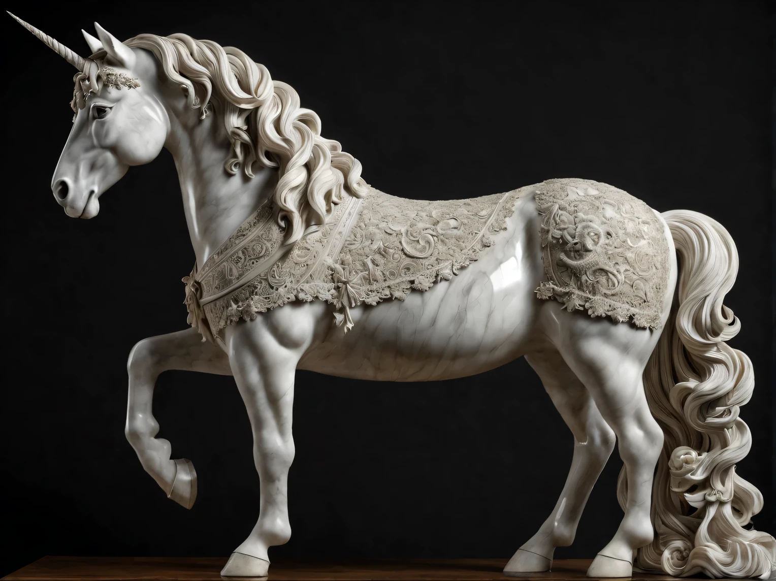 Marble Unicorn Sculpture, whole body, full pose, black and white marble unicorn, work of sculptor Francesco Chirolo, complete imitation of the style of Francesco Chirolo, complex parts, very detailed description, accurate transmission, high detail, dark background, complex parts, High complexity