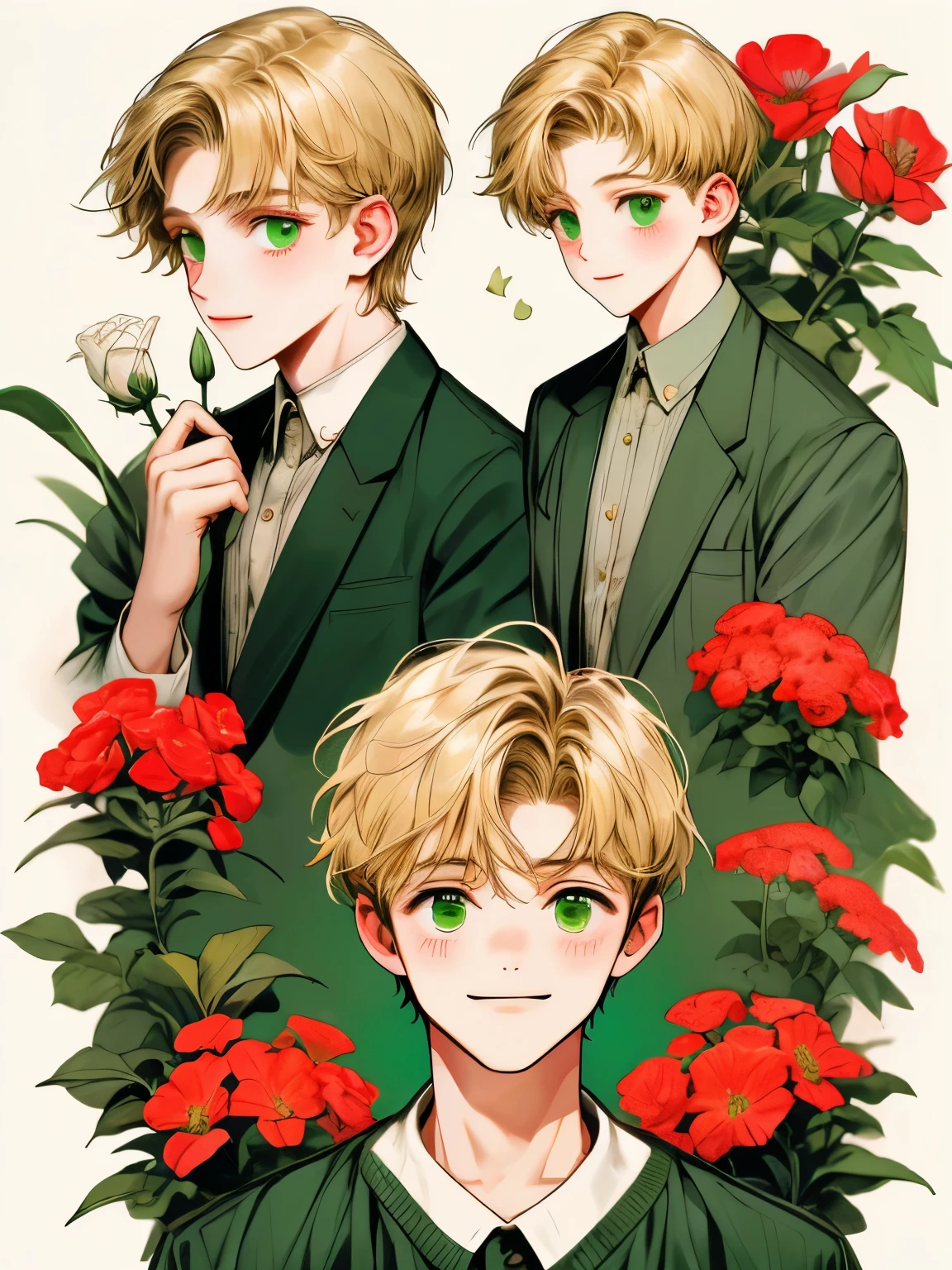 masterpiece, collage of little boy holding flowers, happy, short blond hair