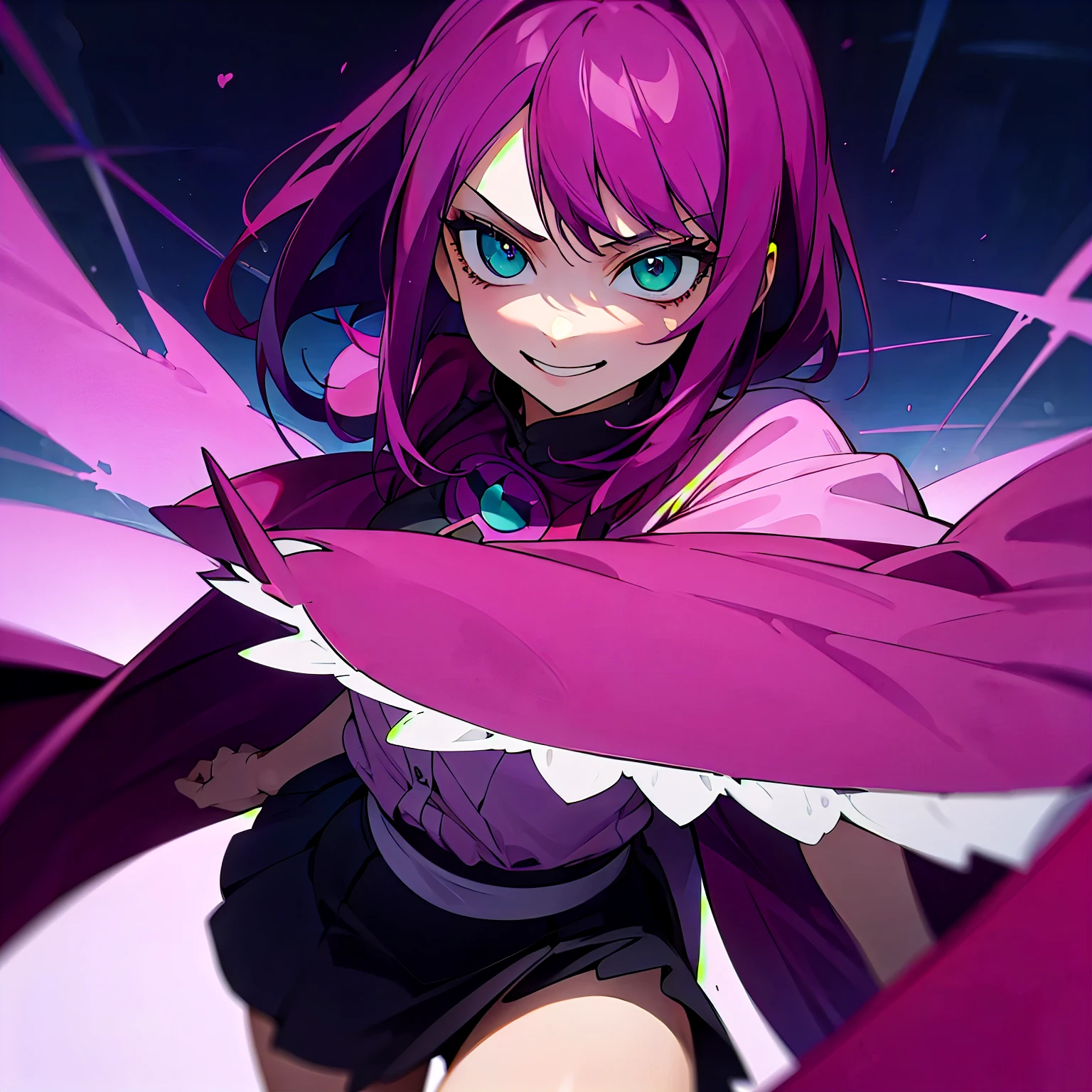 1 girl, dark pink hair, green eyes, beautiful girl, villain, grin, psycho, psycho smirk, straight hair, (((noble cloth))), short skirt, purple cloth, detailed eyes