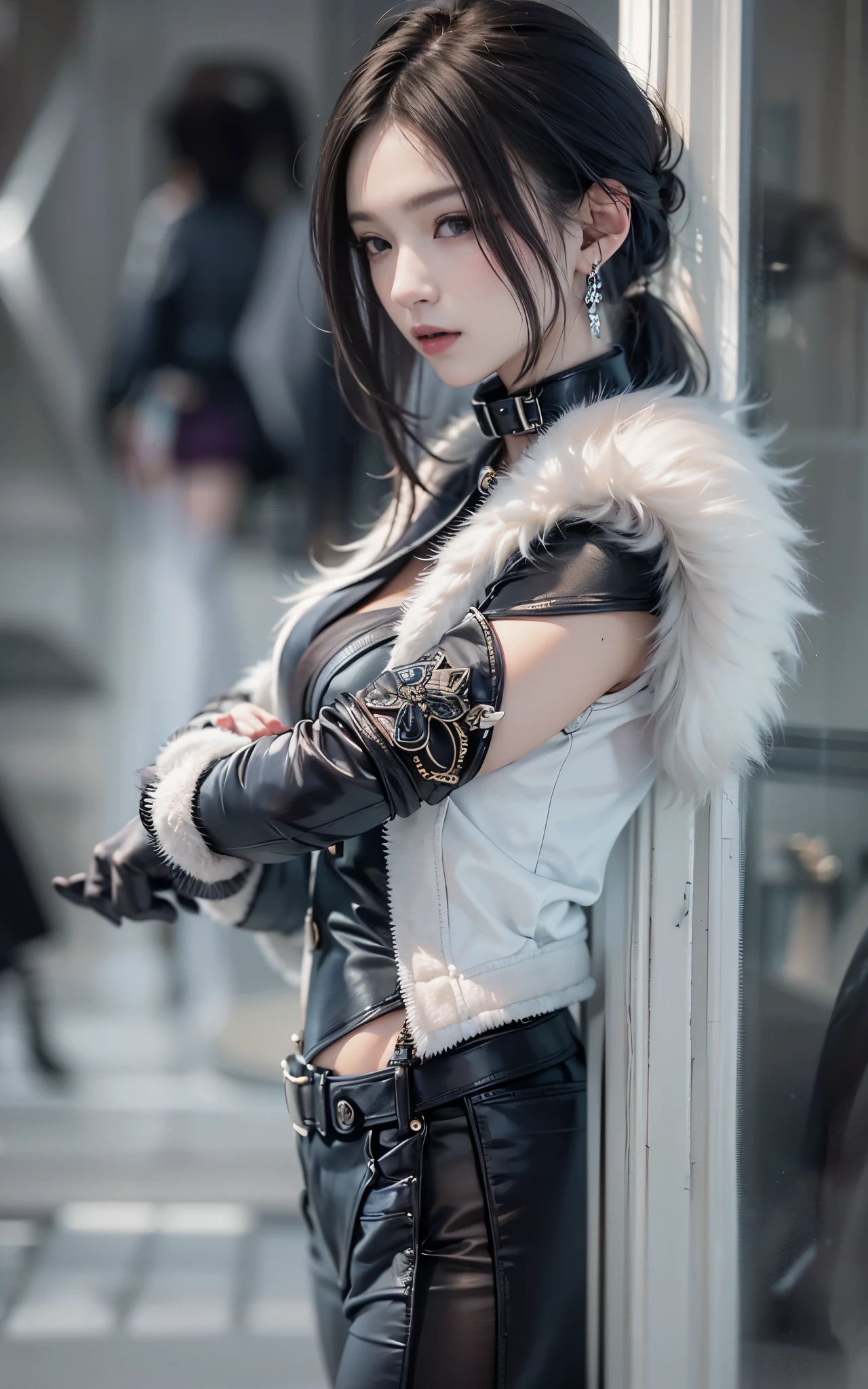 best quality，master piece，High resolution，(beautiful face)，looking at the viewer，Are standing，（（Half body）），（（White vest）），（（black leather skirt）），Hands in gloves，right arm hanging down