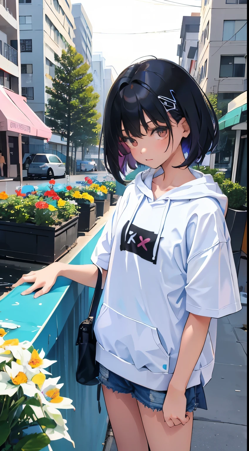 (short cute girl，small young student，young delicate girl）,（masterpiece，Top quality)，pastel colored short sleeve hoodie，black hair，flower garden