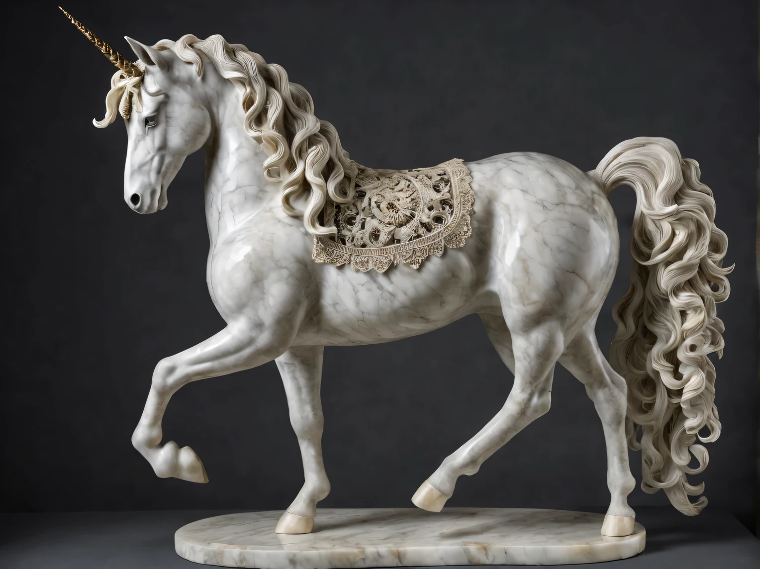 Marble Unicorn Sculpture, whole body, full pose, black and white marble unicorn, work of sculptor Francesco Chirolo, complete imitation of the style of Francesco Chirolo, complex parts, very detailed description, accurate transmission, high detail, dark background, complex parts, High complexity