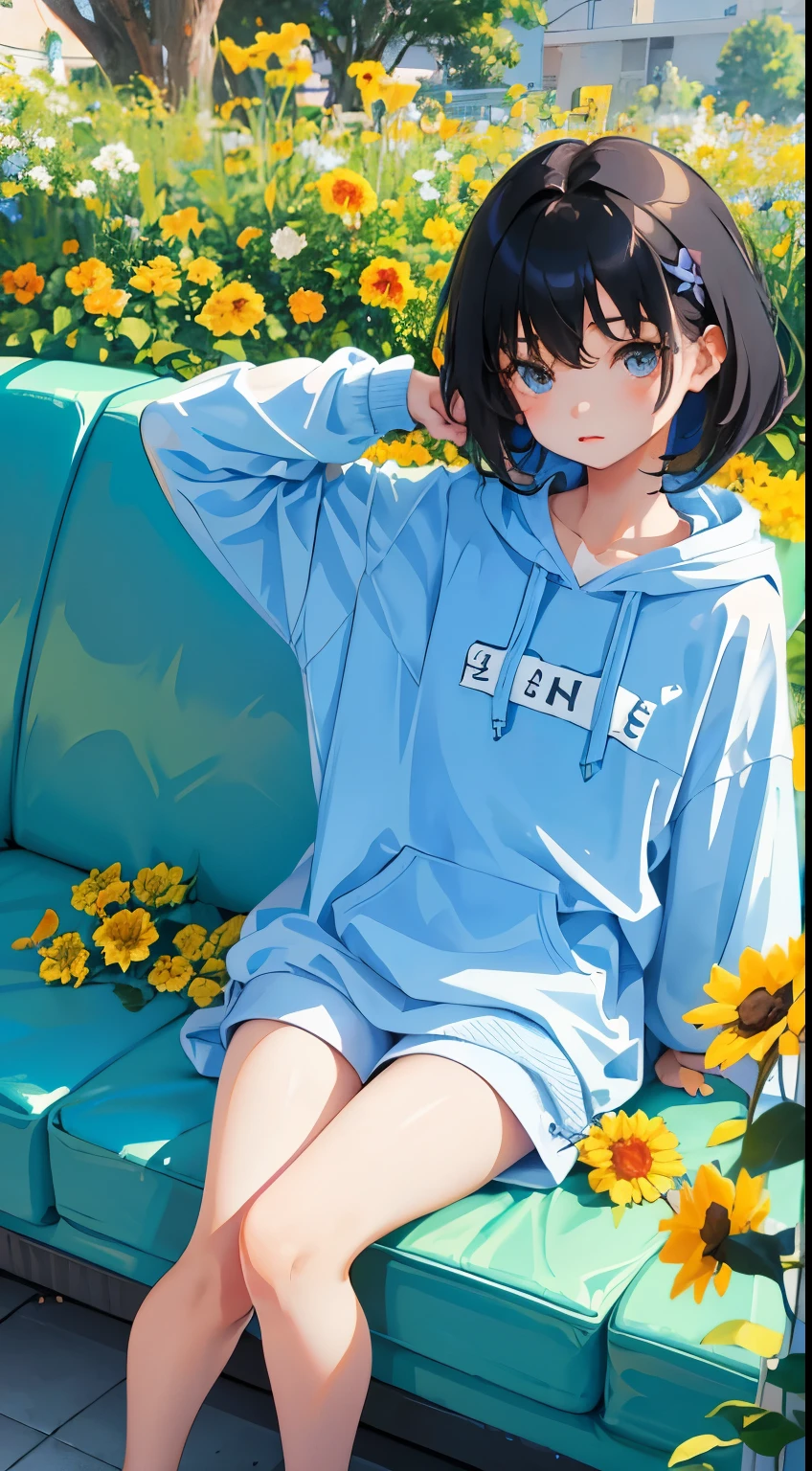 (short cute girl，small young student，young delicate girl）,（masterpiece，Top quality)，pastel colored short sleeve hoodie，black hair，flower garden