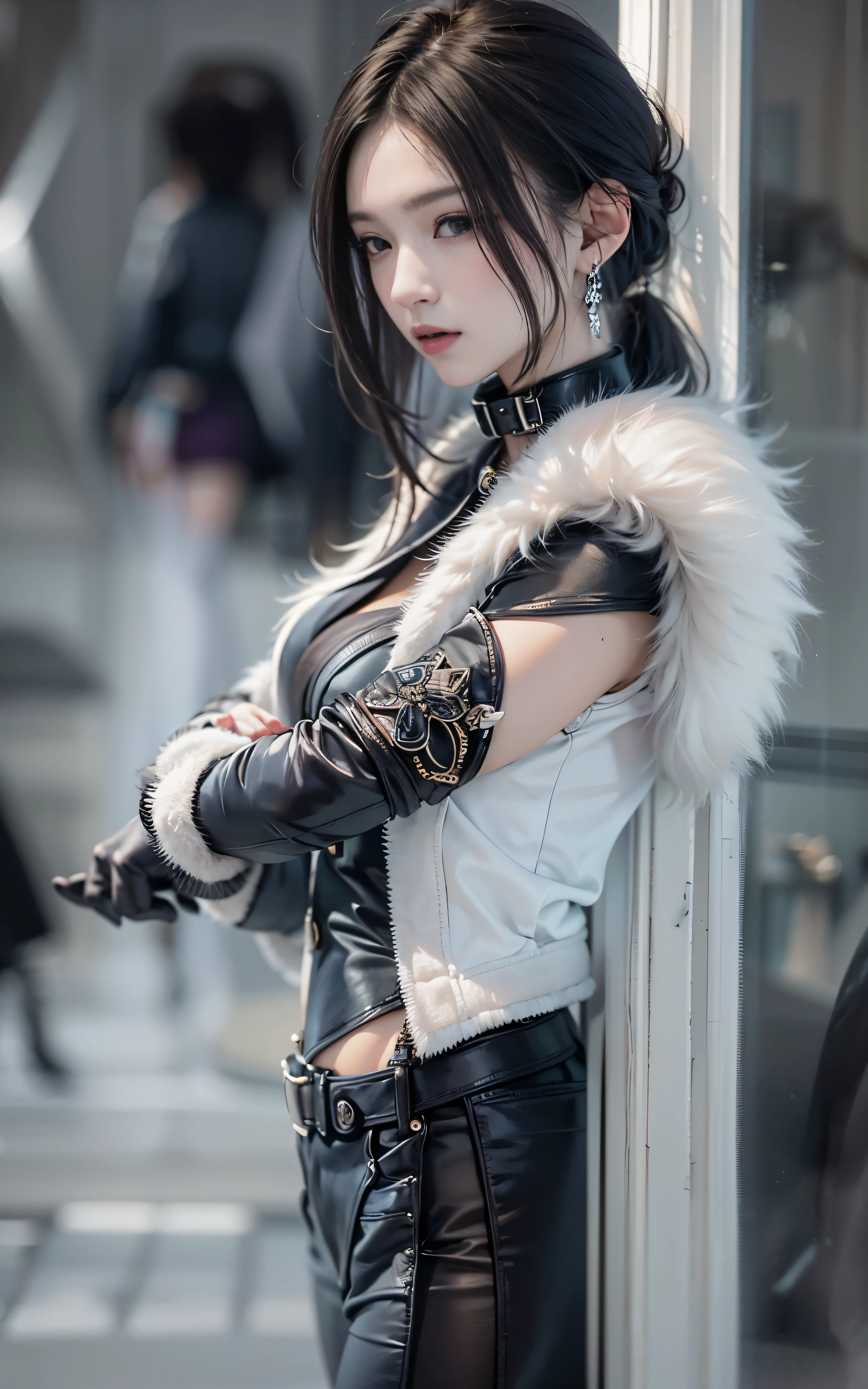 highest quality,masterpiece,High resolution,(beautiful face),looking at the viewer,Are standing,((Half body)),((White vest)),((black leather skirt)),gloved hands,right arm hanging down