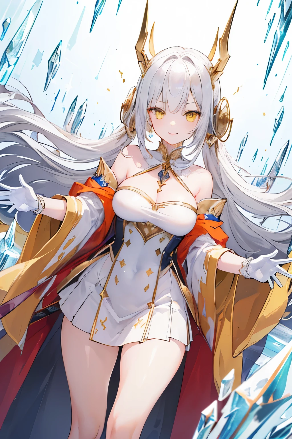 (((1girl))), ((best quality)), ((masterpiece)), ((ultra-detailed)), (illustration), (detailed light), (an extremely delicate and beautiful), (beautiful detailed eyes), (sunlight), ((extremely light)), ((extremely clothes)), (((hyper detail))),(((((front lighting))))),(((((front light))))),
((((quite adorable and erotic Sorcerer's robe with a brief skirt)))), (((High Class Sorcerer))),
,
high twin pig tails, ((((platinum white hair)))),
(((yellow gold eyes))),
(((whole body))), aged 8 to 12, ((((())))),
((condescending expression)), ((mischievous smile with sexual satisfaction)), (((extra adorable))), (((((extra slender shape))))),
(((extremely beautiful detailed face))), (((surrounded by many floating ice-swords and knives))),
(((attacking enemies by a spell of creating ice-swords))),
(((((Dutch angle))))), (((white gloves))), a little bit exposed pale yellow panties