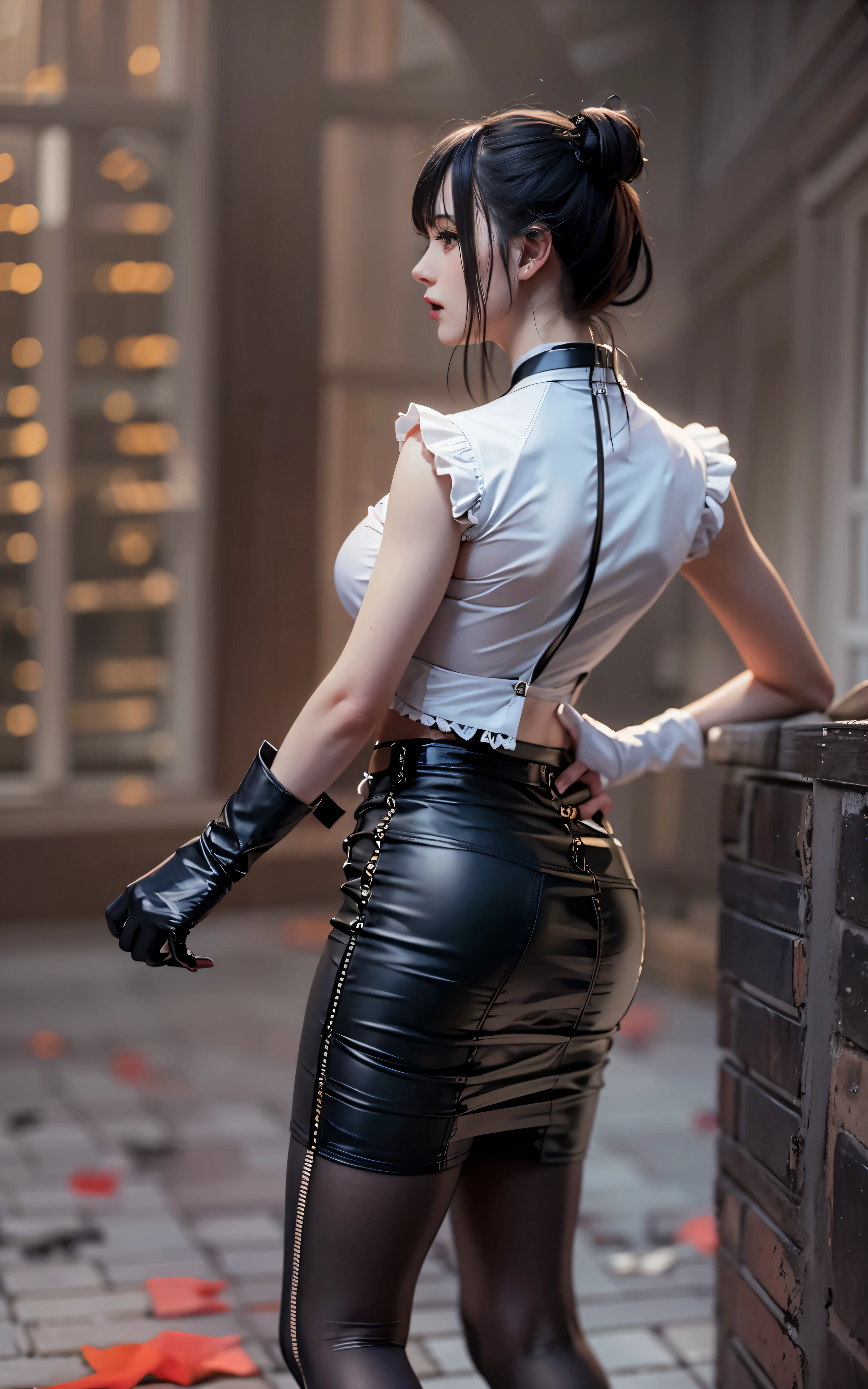 highest quality,masterpiece,High resolution,(beautiful face),looking at the viewer,Are standing,((Half body)),((White vest)),((black leather skirt)),gloved hands,right arm hanging down