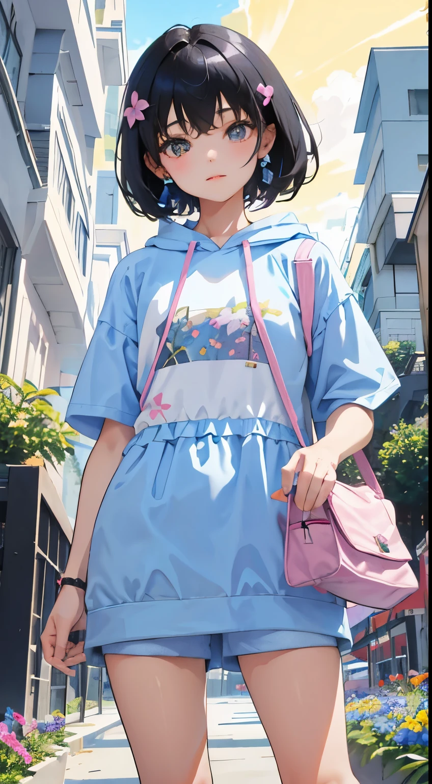 (short cute girl，small young student，young delicate girl）,（masterpiece，Top quality)，pastel colored short sleeve hoodie，black hair，flower garden