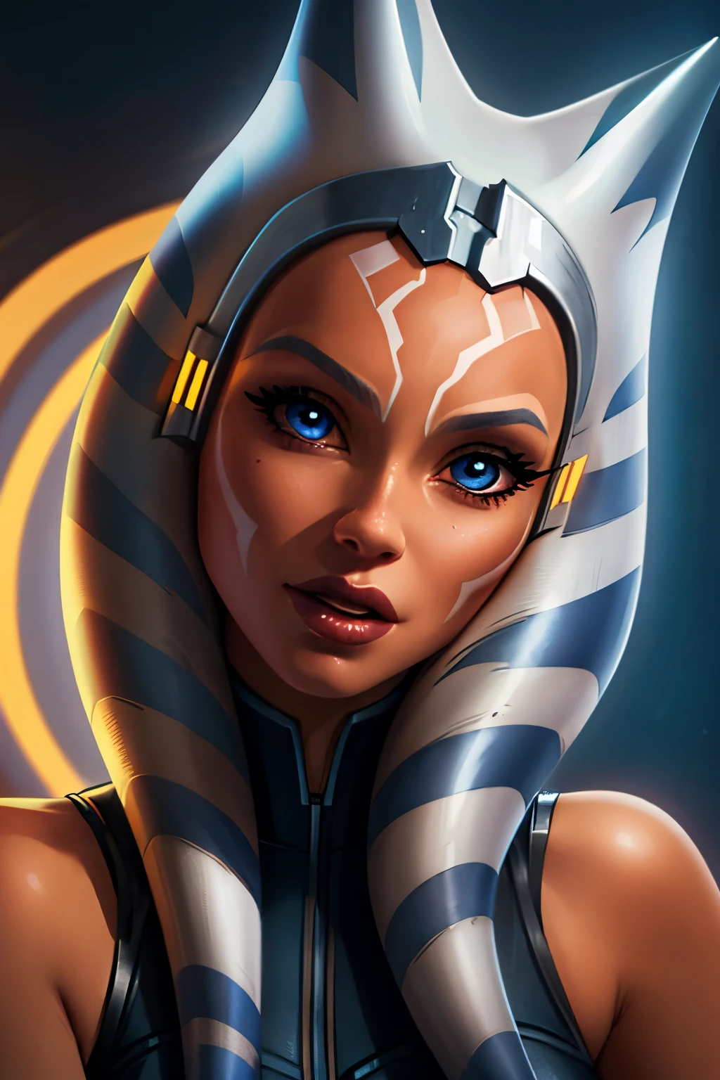 1girl, ahsoka tano, mandalorian armor, sideboob, skinny, leaning forward, close-up, pov, licking finger, naughty face, beautiful face, detailed eyes, depth of field, masterpiece, high quality, highres,  