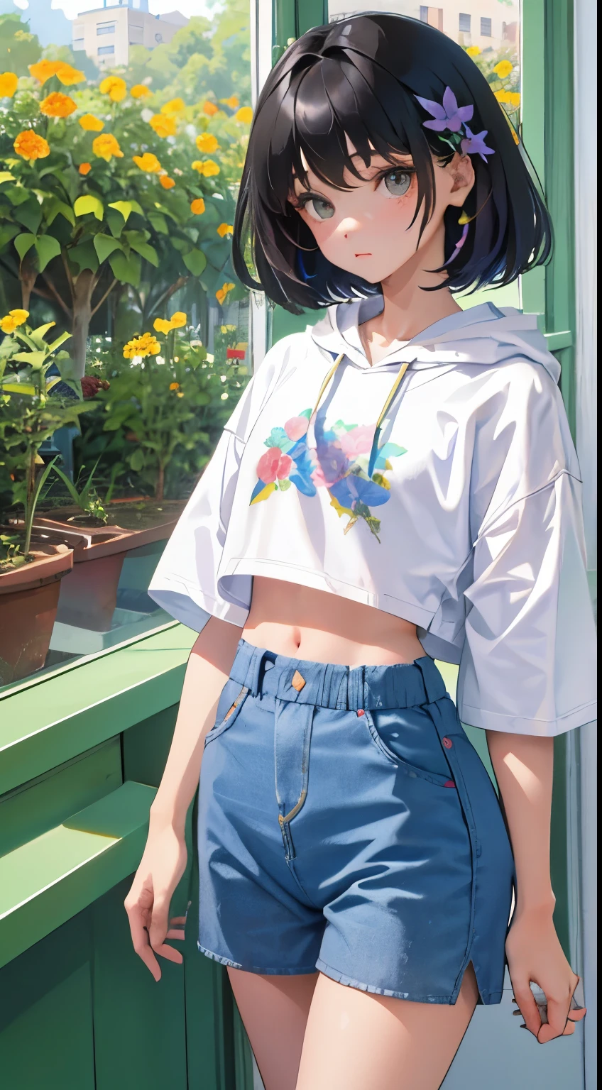 wariza,Put your hands between your legs,(),(masterpiece,Top quality),White plaid shorts,short sleeve,black hair