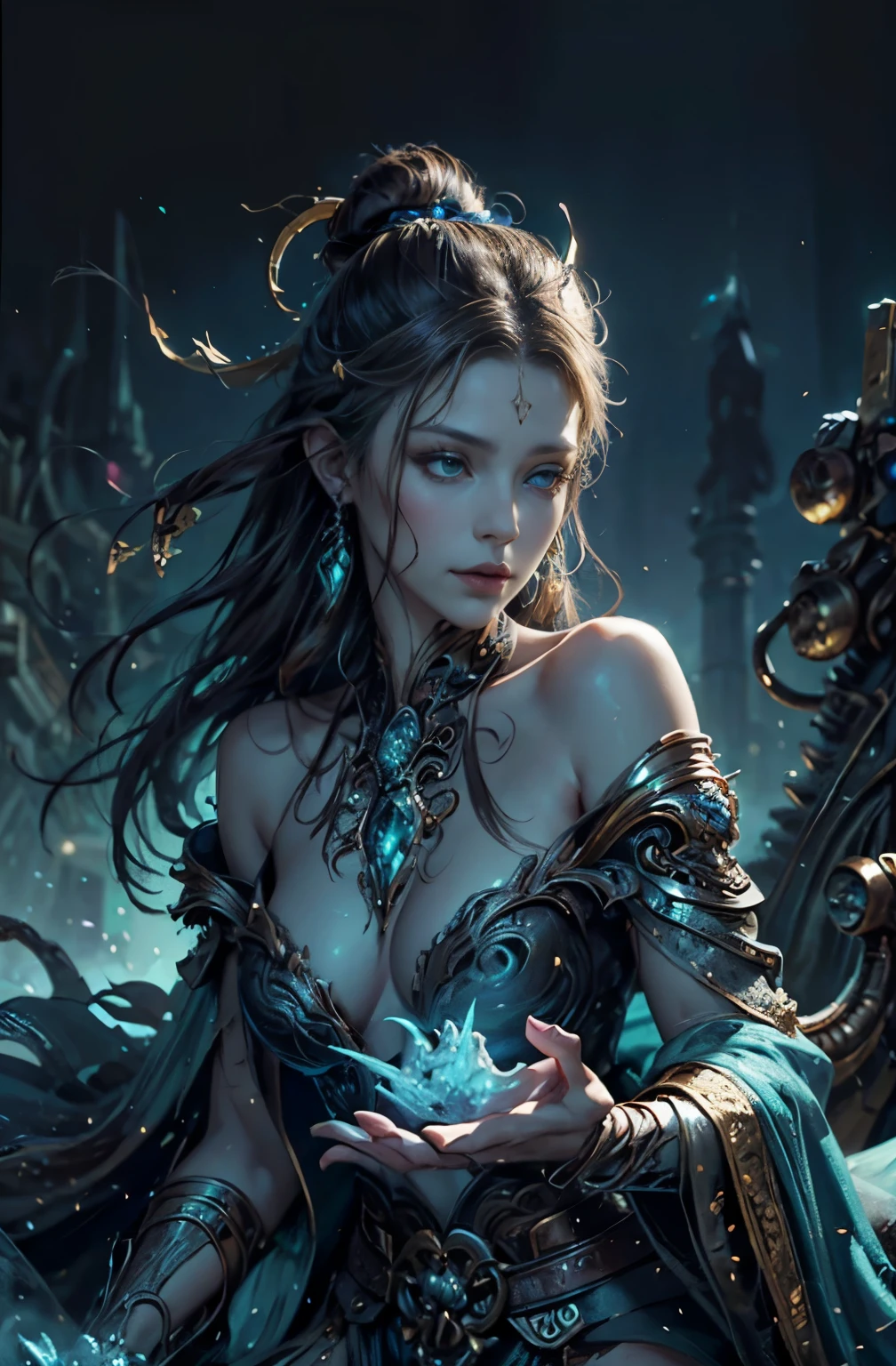 A very beautiful woman who meets a mechanical dragon, Different world, ruined city, sharp outline, Michael Letter, Christoph Huge 、super detailed paintings, luminism, art by Carne Griffiths and what a bone concept art, 4K resolution, fractal isometricdetailbioluminescence , 3D rendering, octane rendering, intricately detailed , cinematic, trending on artstation Isometric Centered hyperrealistic cover photo awesome full color, hand drawn , gritty, realistic mucha , Defining a hit , cinematic,fantastic background, abstract beauty,stand, approaching perfection, pure form, golden ratio, minimalistic, unfinished, concept art, Written by Brian Froud、Khan Griffith、what a bone、john william waterhouse, intricate details, 8K post production, High resolution, hyper detail, Trending with ArtStation, studio photography, intricate details, very detailed, Written by Greg Rutkowski, A very beautiful woman who meets a mechanical dragon, concept art:Yang J, Artstation contest winner, fantasy art, Epic fantasy digital art style, epic fantasy art style, epic fantasy art style hd, detailed fantasy art, fantasy art behance, fantasy art style, detailed digital 2d fantasy art, epic fantasy style art, extremely detailed and beautiful eyes, blue eyes without pupils, beautiful blue eyes, quite beautiful face, Rin々Looks, unparalleled beauty, highest quality, master piece, perfect angle, perfect composition, best shot, official art, cinematic light, very beautiful and fantastic, chivalry dream, Encounter with a mythical beast, Dialogue with the mechanical dragon