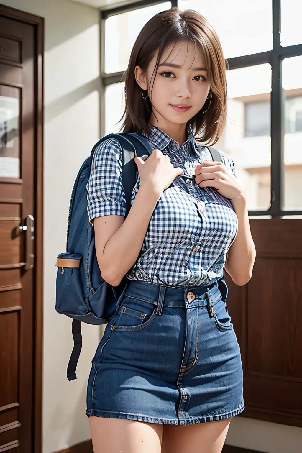 (Natural Landscape Photography), (highest quality), table top:1.2, ultra high resolution, ((cowboy shot:1.4))、realistic:1.4, RAW photo, ((Entrance to the apartment:1.4)), (wide angle shot), ((blue gingham check short sleeve shirt:1.4)),(1 girl), (Photo from above the knees:1.3), (18-year-old), (Happy:1.2), (wet skin), (real skin), (medium long hair, dark brown hair)、 ((Denim skirt with emphasis on thighs:1.4)), ((carrying a backpack:1.4)), (highly detailed face), (Super Beautiful Maid), (highly detailed eyes), (highly detailed nose), (highly detailed mouth), (super precise arm), (Ultra-Definition Body), pan focus, look at the audience、smile
