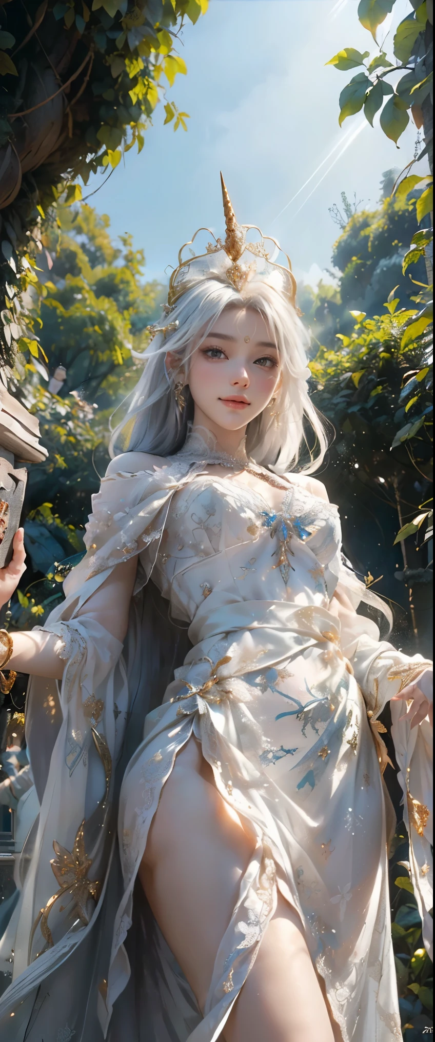 masterpiece、detailed、shiny skin、(god々beautiful pure white unicorn:1.3)、(god聖な森の泉で少女とユニコーンが体を清める:1.3)、brown eyes、(非常にdetailedな目と顔)、Accurately drawn face、(A white lace cloth is wrapped around her bare skin.)、intricately designed details、(best ratio　1 thumb、Refers to 4 books:1.3)、(Gold tiara)、(dynamic pose:1.3)、(Ghost Smile)、(view from below:1.5)、(sunlight filtering through the foliage:1.3)、