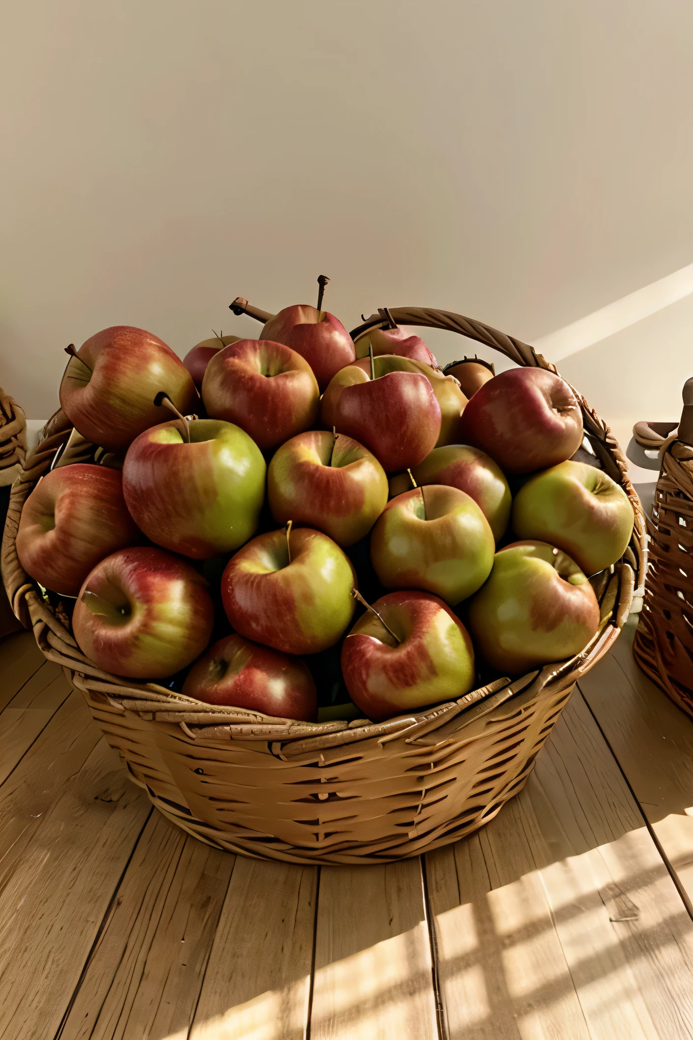 Photo of a basket of green and red apples with a light background in a fruit shop