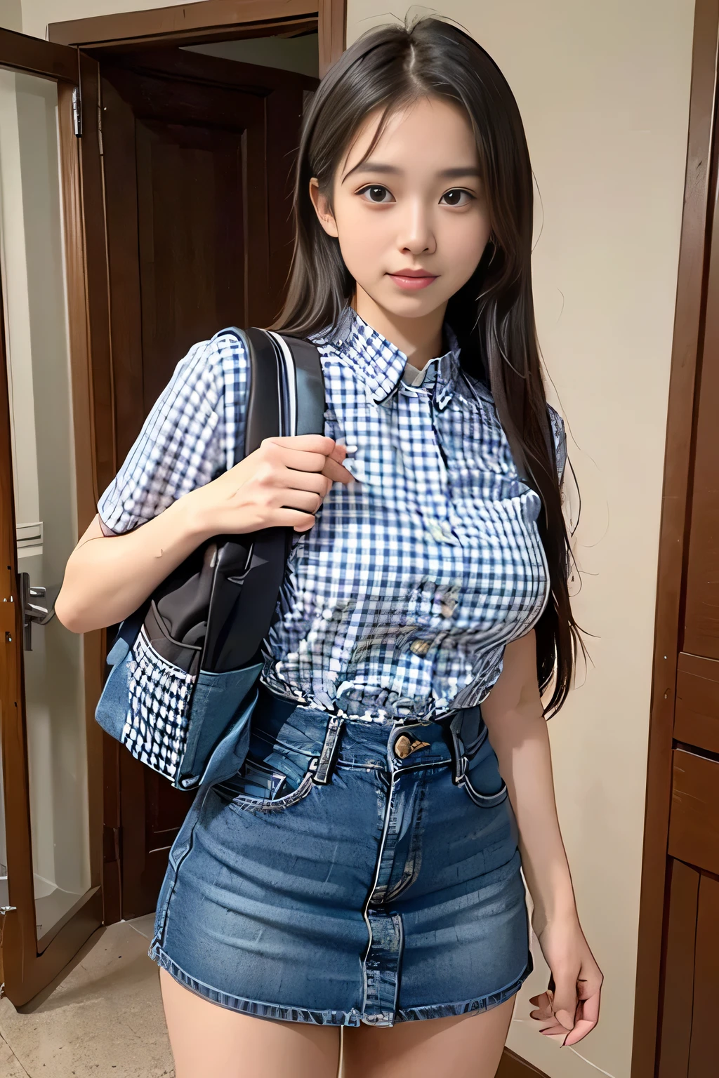 (Natural Landscape Photography), (highest quality), table top:1.2, ultra high resolution, ((cowboy shot:1.4))、realistic:1.4, RAW photo, ((Entrance to the apartment:1.4)), (wide angle shot), ((blue gingham check short sleeve shirt:1.4)),(1 girl), (Photo from above the knees:1.3), (18-year-old), (Happy:1.2), (wet skin), (real skin), (medium long hair, dark brown hair)、 ((Denim skirt with emphasis on thighs:1.4)), ((carrying a backpack:1.4)), (highly detailed face), (Super Beautiful Maid), (highly detailed eyes), (highly detailed nose), (highly detailed mouth), (super precise arm), (Ultra-Definition Body), pan focus, look at the audience、smile