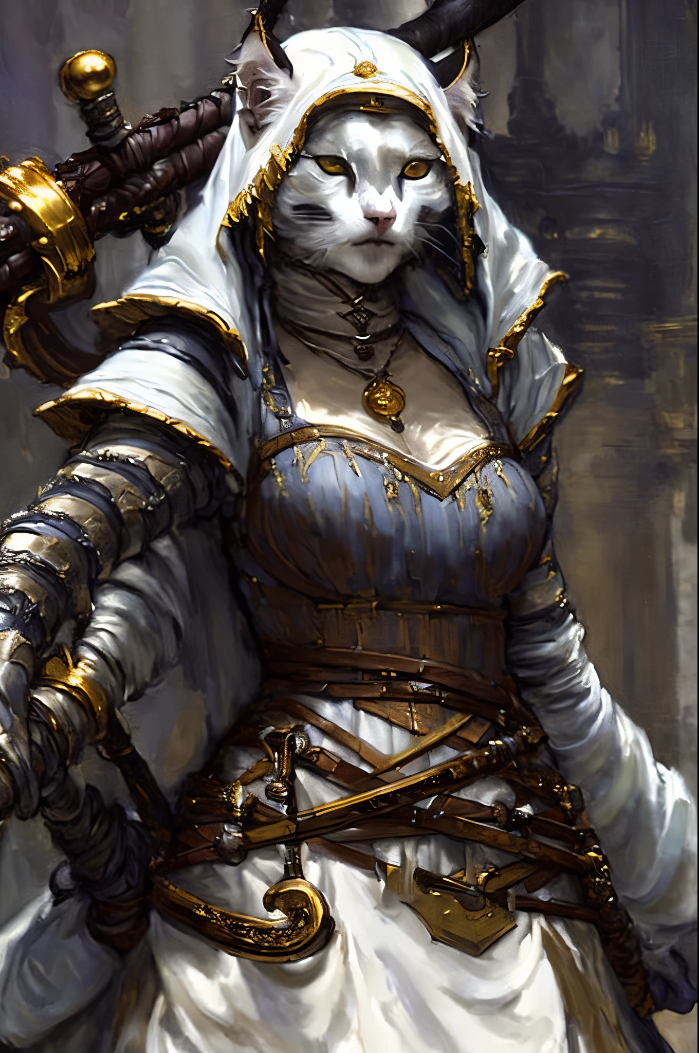 modelshoot style, (extremely detailed CG unity 8k wallpaper), full shot body photo of the most beautiful artwork in the world, short cute female (Tabaxi), (thief, rogue, killer), mace, swirling magic, medieval era, portrait painting by Titian, Rembrandt van Rijn, by Jeremy Mann, Greg Manchess, Antonio Moro, trending on ArtStation, trending on CGSociety, Intricate, High Detail, Sharp focus, dramatic