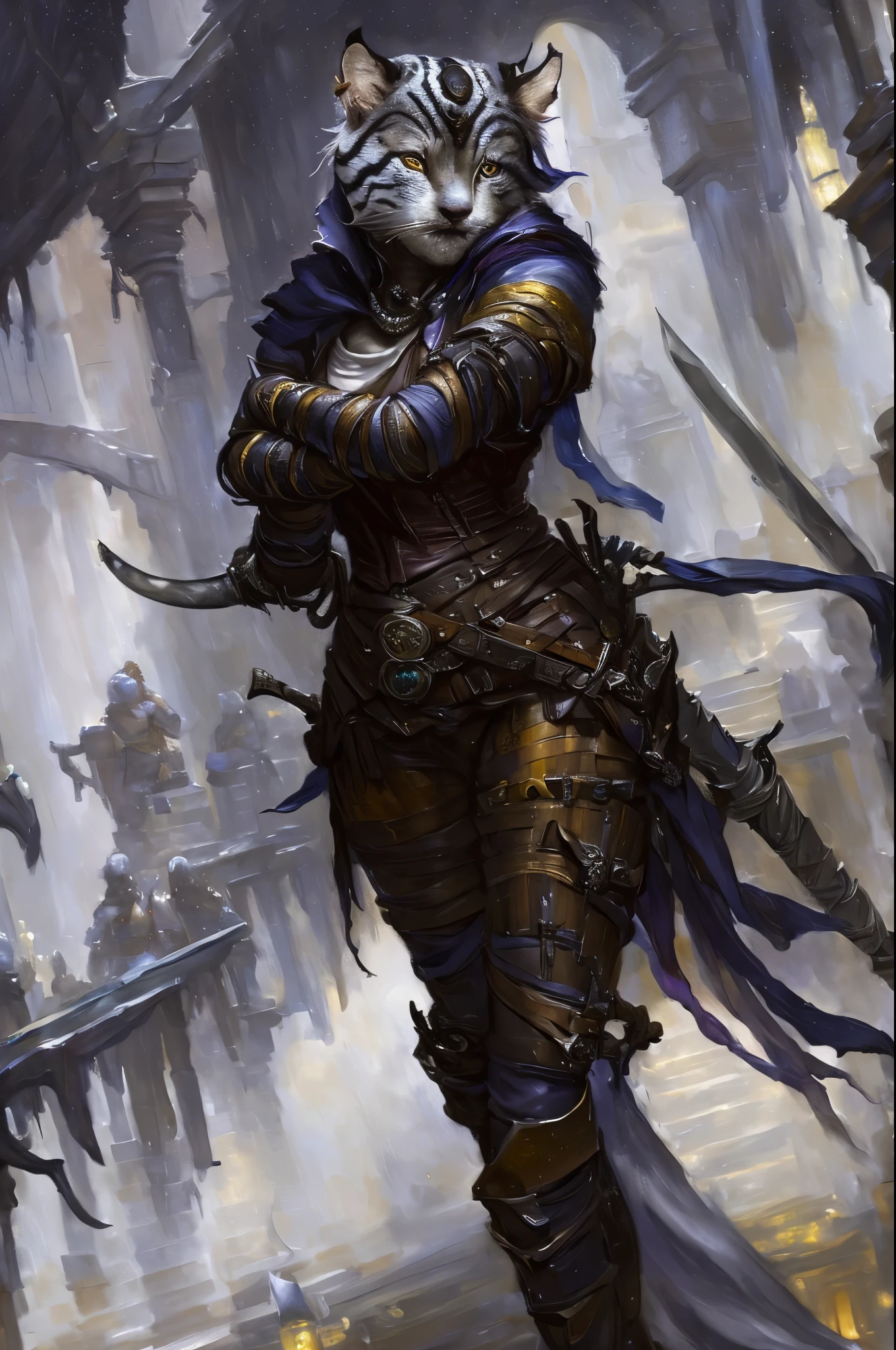 modelshoot style, (extremely detailed CG unity 8k wallpaper), full shot body photo of the most beautiful artwork in the world, short cute female (Tabaxi), (thief, rogue, killer), mace, swirling magic, medieval era, portrait painting by Titian, Rembrandt van Rijn, by Jeremy Mann, Greg Manchess, Antonio Moro, trending on ArtStation, trending on CGSociety, Intricate, High Detail, Sharp focus, dramatic