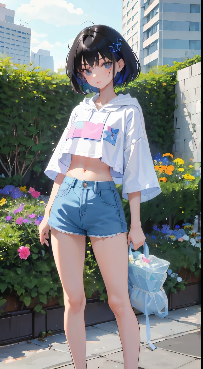 (short cute girl,small young student,young delicate girl),(masterpiece,Top quality),Crop Top Look,pastel colored short sleeve hoodie,black hair,flower garden