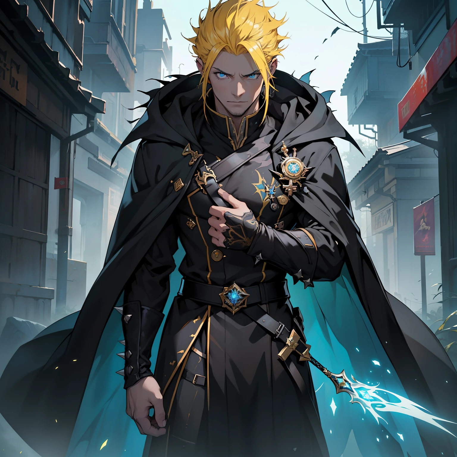 (in 8K、top-quality、masterpiece:1.2)、Vampire、Cyberpunk men、fantasy worlds、dark backgrounds、Clean design、Magnificent Instagram、art stations、Colorful paint splatter、silhuette、Ultra-detailed intricate details、unrealengine、Fantasia、intricate detailes、Splash Screen、Complementary color scheme、Fantasy concept art、an oil painting、heavy strokes、Paint dripping、(isolated on white:1.3)、Rainbow skin、(((Handsome young man)))、(glowingblueeyes)、 ((Bright eye)), (( spiky Long Yellow hair:1.1))), ((Black Millitary Coat)), (prinz\\(indifferent look\\),(Wearing a luxurious black robe with high detail))), Yellow-haired, Frost magic, ((breastsout), ((Wizard)).