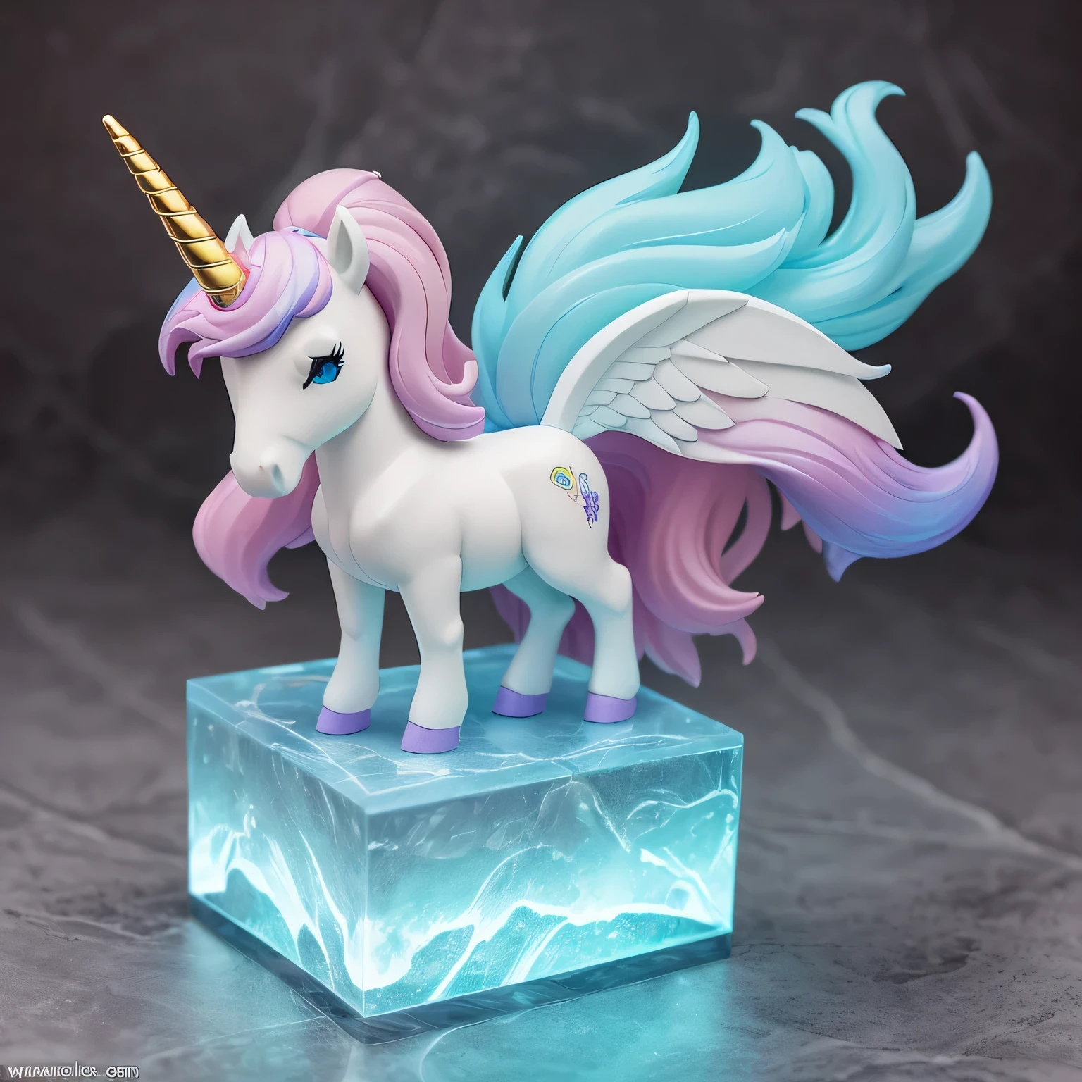 fantasy unicorn, cute unicorn nendoroid, on a crystal pedestal, (masterpiece), (highest quality), (ultra high detail)