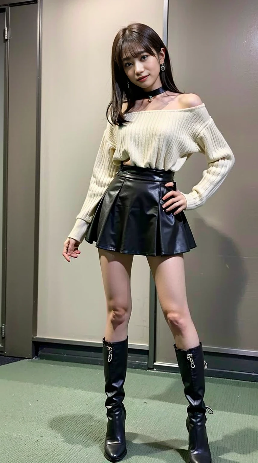 masterpiece, great work, whole body, 1 girl,  mini skirt, blush, bracelet, beautiful breasts, , gradient hair, long hair, looking at the audience, loose earrings, checked skirt, red eyes, ring, smile, alone,  fashion, woman, vitality,  take a pose, front, ,concentrated、whole body画像(1:5）、thin legs、Are standing、put your hands on your hips、idol costume、boots、whole body画像、Chest emphasis、pink costume、stand with legs apart