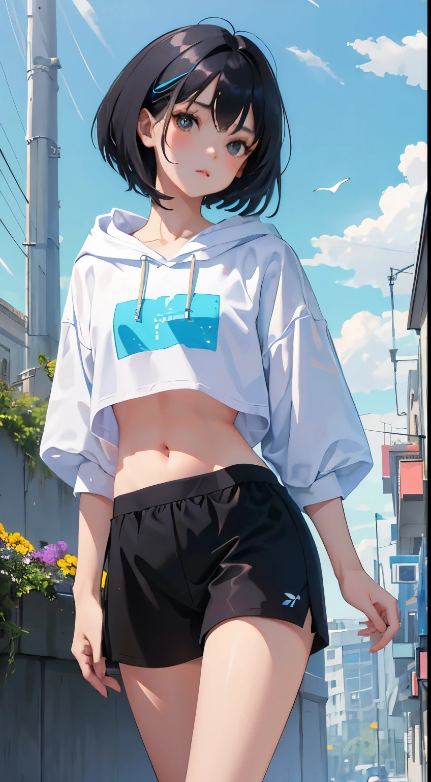 (short cute girl,small young student,young delicate girl),(masterpiece,Top quality),Crop Top Look,pastel colored short sleeve hoodie,black hair,flower garden