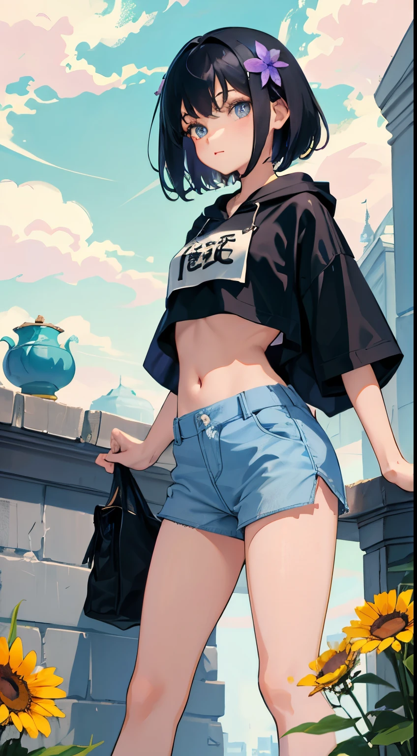 (short cute girl, young studeg delicate girl),(masterpiece,Top quality),Crop Top Look,pastel colored short sleeve hoodie,black hair,flower garden