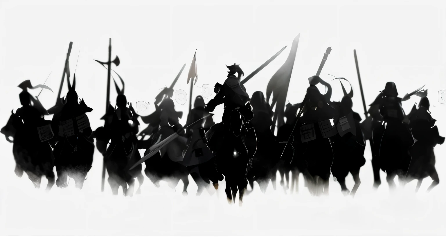 A group of people riding with flags、Image of Arafad riding a horse, 人物silhouette, arknight, Silhouettes, Invading army background, knight, crowded silhouette, cavalry, from arknight, author:Yang Jie, game art!!, silhouette, Sun Kehong, cavalry charge, HD artwork, dark souls art, Invading army background, unique silhouette