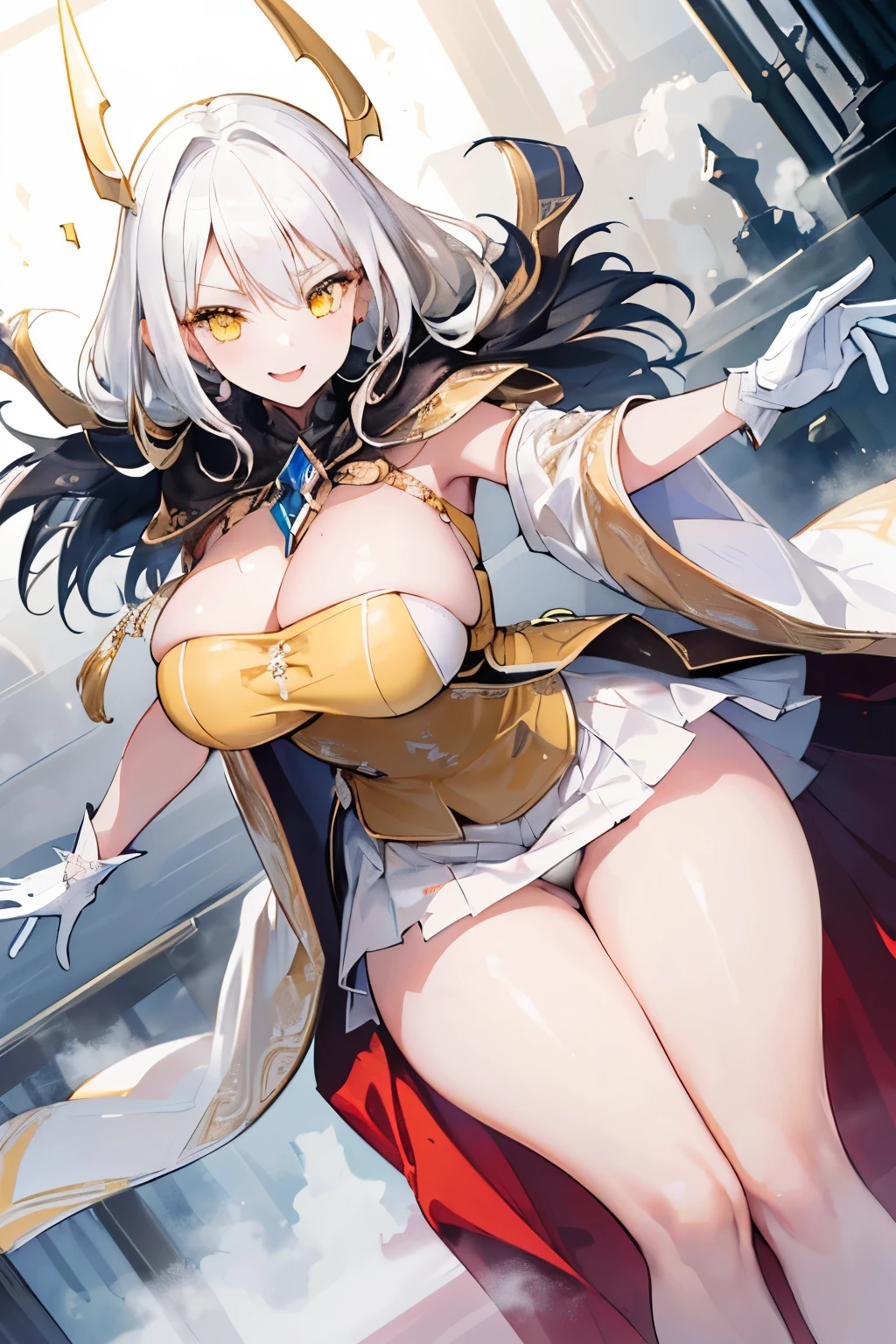 (((1girl))), ((best quality)), ((masterpiece)), ((ultra-detailed)), (illustration), (detailed light), (an extremely delicate and beautiful), (beautiful detailed eyes), (sunlight), ((extremely light)),  ((extremely clothes)), (((hyper detail))),(((((front lighting))))),(((((front light))))),

((((quite adorable and more erotic Sorcerer's robe with a brief skirt)))), (((Highest Class Sorcerer))),
, 

high twin pig tails, ((((platinum white hair)))), 
(((yellow gold eyes))), 

(((whole body))), aged 8 to 12, ((((())))),
((condescending expression)), ((mischievous smile with sexual satisfaction)),  (((extra adorable))), (((((extra slender shape))))), 
(((extremely beautiful detailed face))), (((surrounded by very thick cold mist))),

(((attacking enemies by a spell of absolute zero))), 

(((((Dutch angle))))), (((white gloves))), a little bit exposed pale yellow panties