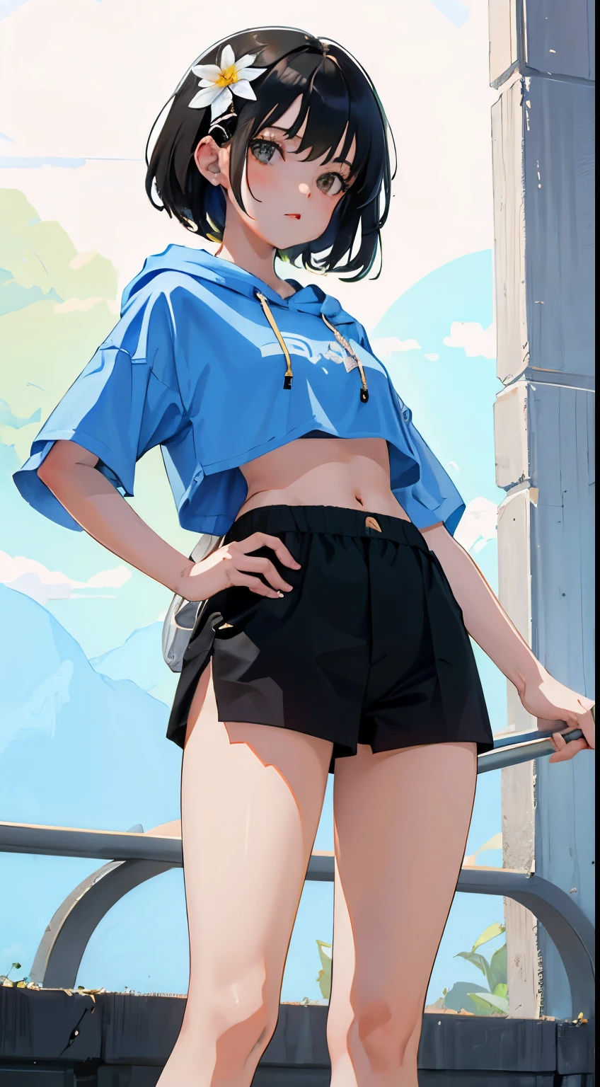 (short cute girl, young studeg delicate girl),(masterpiece,Top quality),Crop Top Look,pastel colored short sleeve hoodie,black hair,flower garden