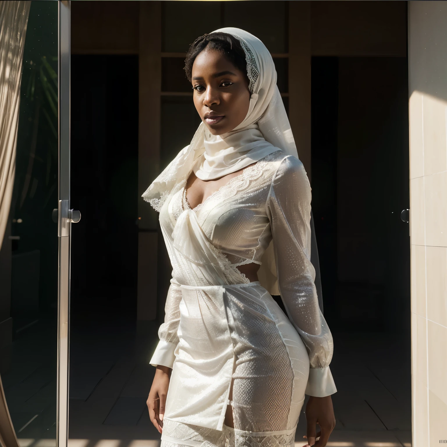 African female Nigeria air hostesses wearing Victoria’s Secret lace, hijabis, cinematography, shot with 25mm lens, depth of field, forest-green and black scales, tilt blur, shutter speed 1/1000, F/22, white balance, 32k, super resolution, Pro Photo RGB , Half Rear Light, Backlight, Dramatic Lighting, Incandescent, medium Light, Volumetric, Conte-jour, Global Illumination, Screen Space Global Illumination, Diffuse. Shadows, Roughness, Flicker, Lumen Reflections, Screen Space Reflections, Diffraction Graded Chromatic Aberration, GB Shift, Scanlines, clear Occlusion,