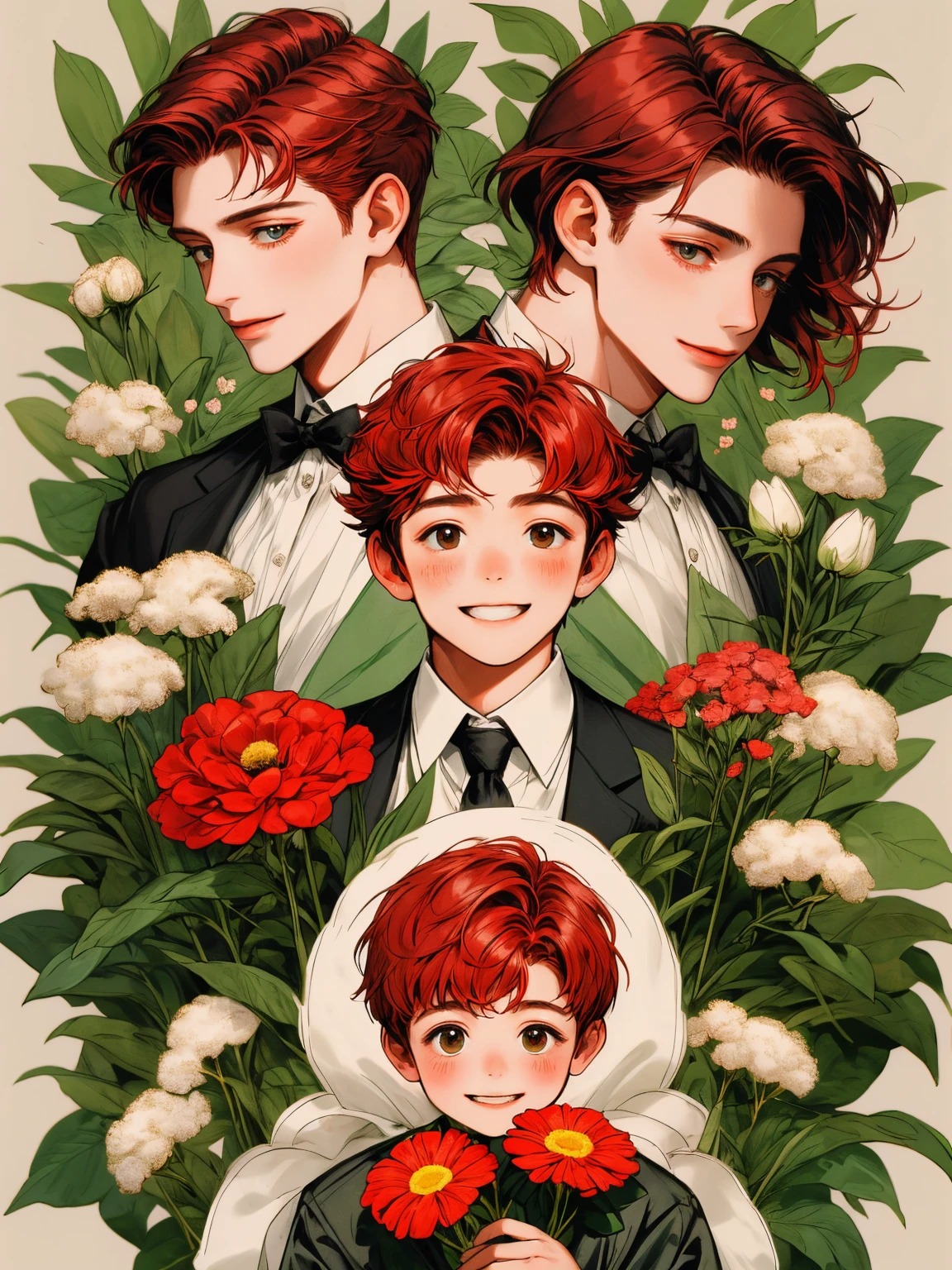masterpiece, collage of holding flowers, happy, short red hair