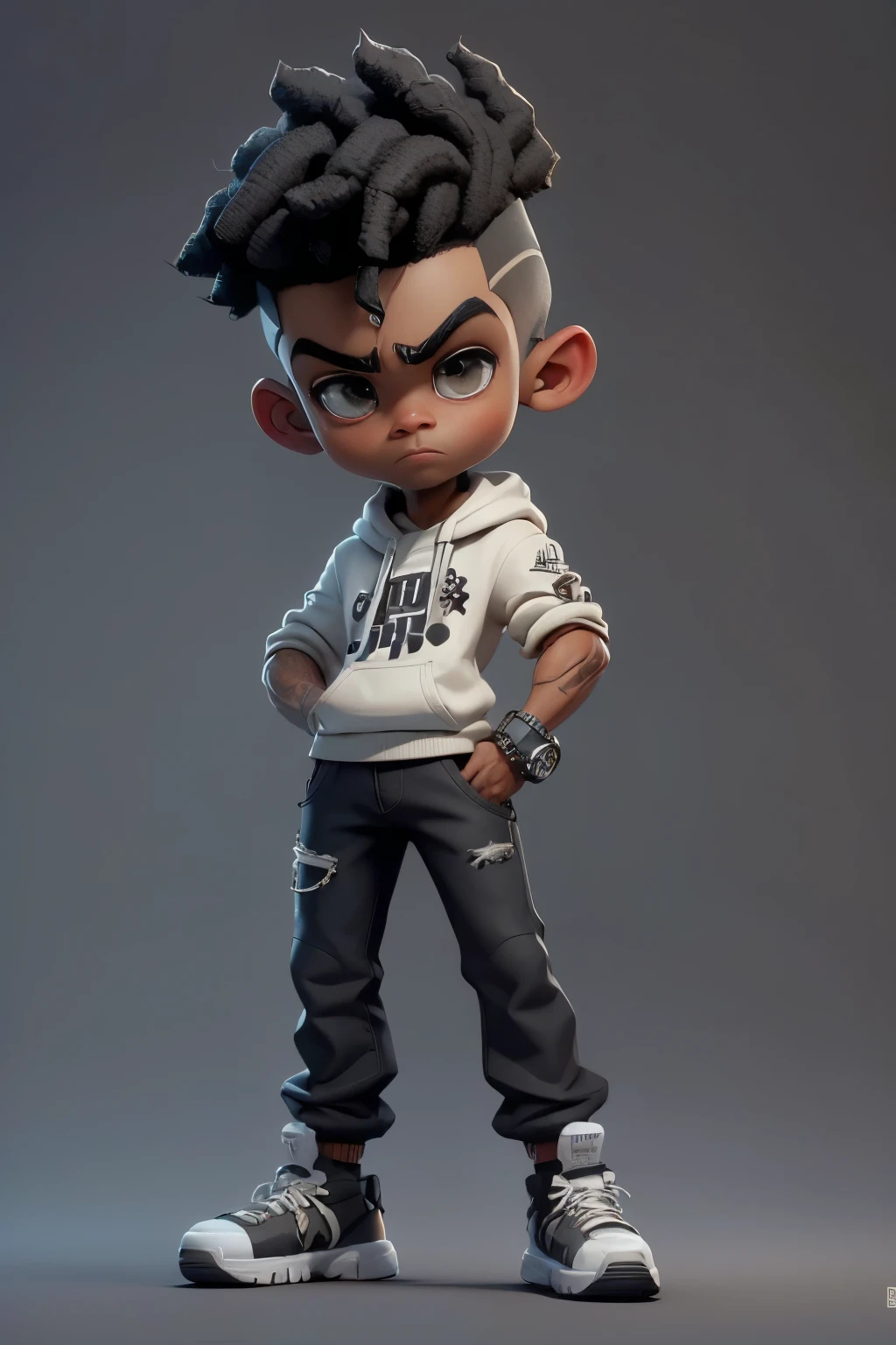 Super style skinny young black man with dark hair,short hair, 30 years, pele marrom, barba no rosto, Nice Chibi, super estiloso, dedos perfeitos, Cores da roupermelho, branco e preto, street fashion cap}}, "Hip Hop", Doing hip hop pose with your arms, roupa sem estampa, fundo minimalista, Camera vista de frente..................3d, 8k,