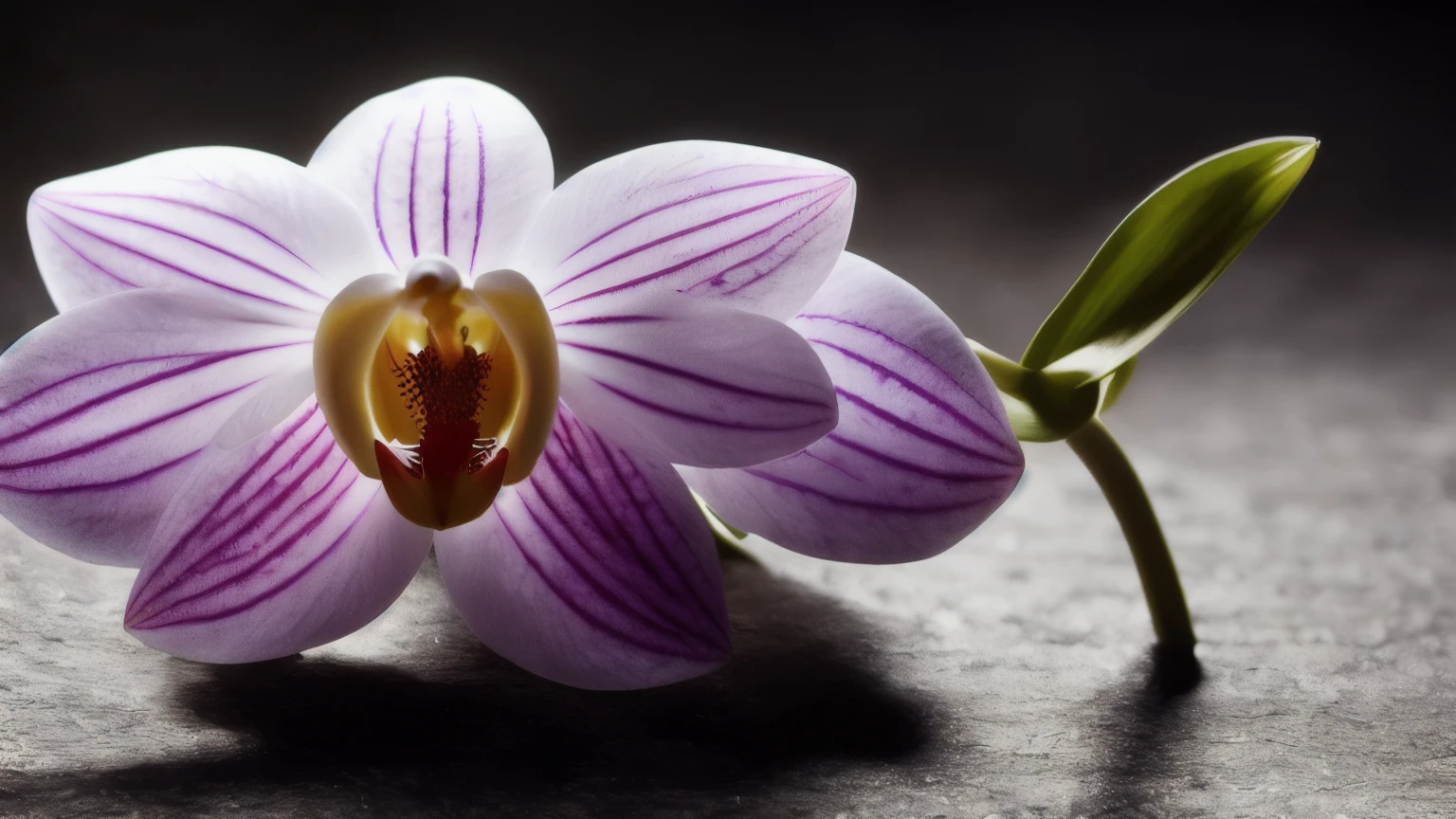 hyper ultra realistic photographs full body of A single, graceful orchid blooms in a sleek glass vase against a stark black background. The purity of form and color creates a serene and timeless atmosphere ratio 16:9, 4k, 8k resolution, High quality photo, high detailed, imagesharp focus, Cinematic lighting,hyperdetailed & Unreal engine, detail, realism, photography,cinematography, camera NIKON, lens NIKKOR flagship, masterpiece. hyper-maximalism, ultradetailed photorealistic, light skin imperfections, final render, vray, photo, fashion