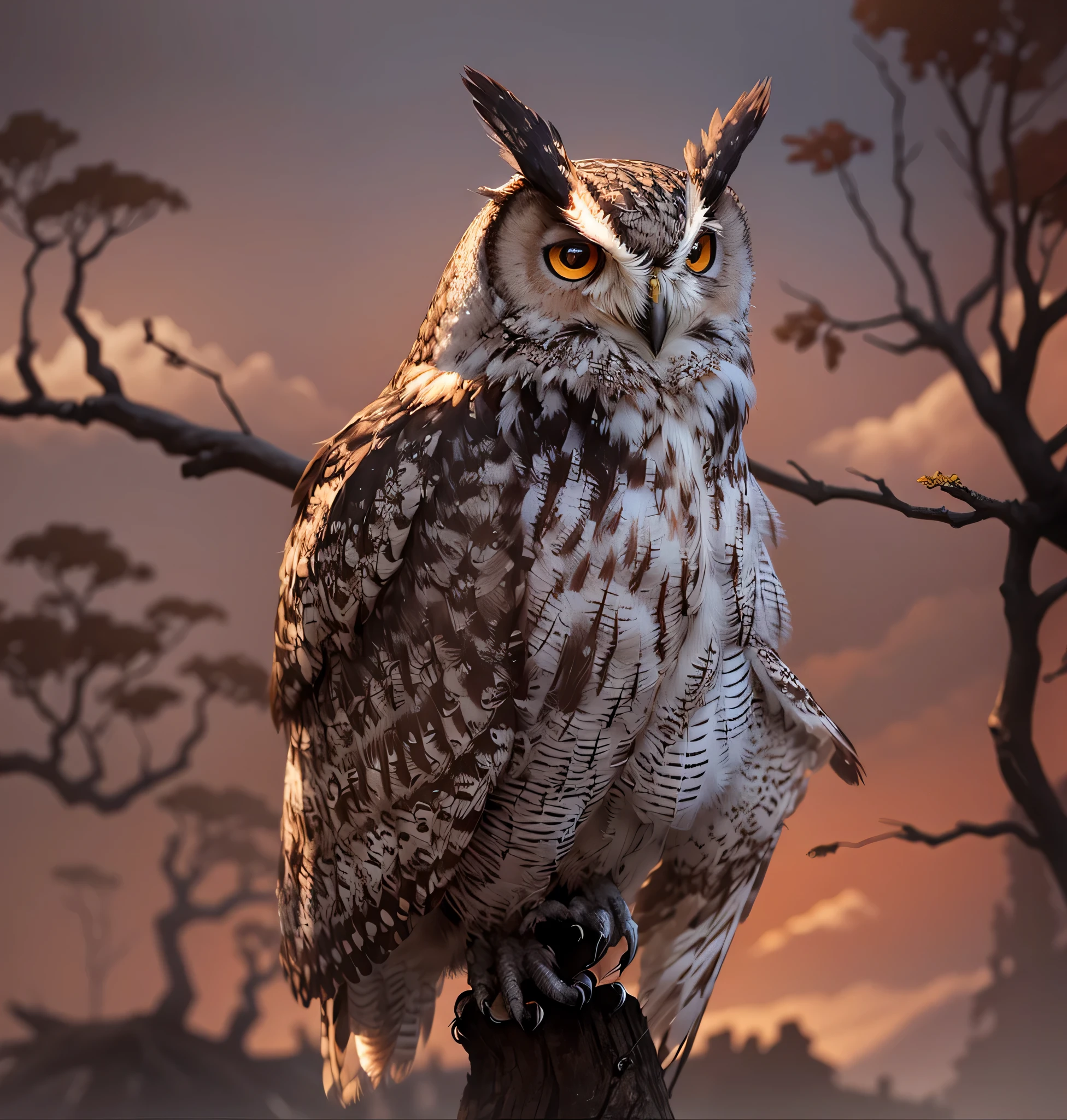 There is an owl sitting on a tree stump, owls, hyperrealistic robot owl, owl, mixture between an! owl and wolf, The smartest of all owls, glowing owl, owls, Owl feathers, with large wings, Cute owl, with a cute fluffy owl, Female beauty, portrait」, Shot with a Canon camera, alien owl, very very small owl,