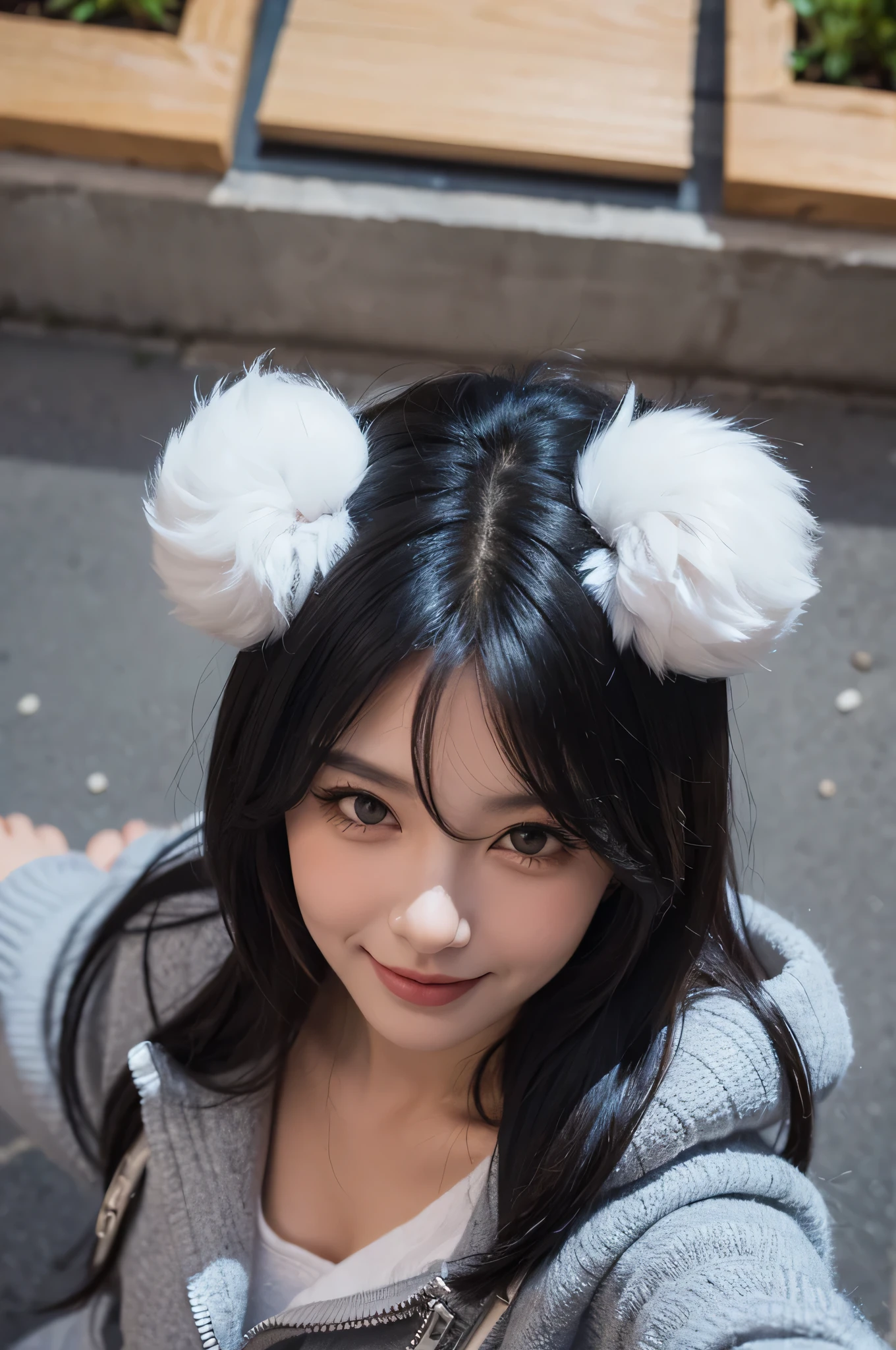 (black hair, Hairball, Winston, long eyelashes, round eyes, fake animal ears, subtle smile, blush, square, Surrealism, shadow, embossed, 3d rendering, portrait, Toss, Dramatic perspective, 8K resolution, Super detailed, precise, best quality)