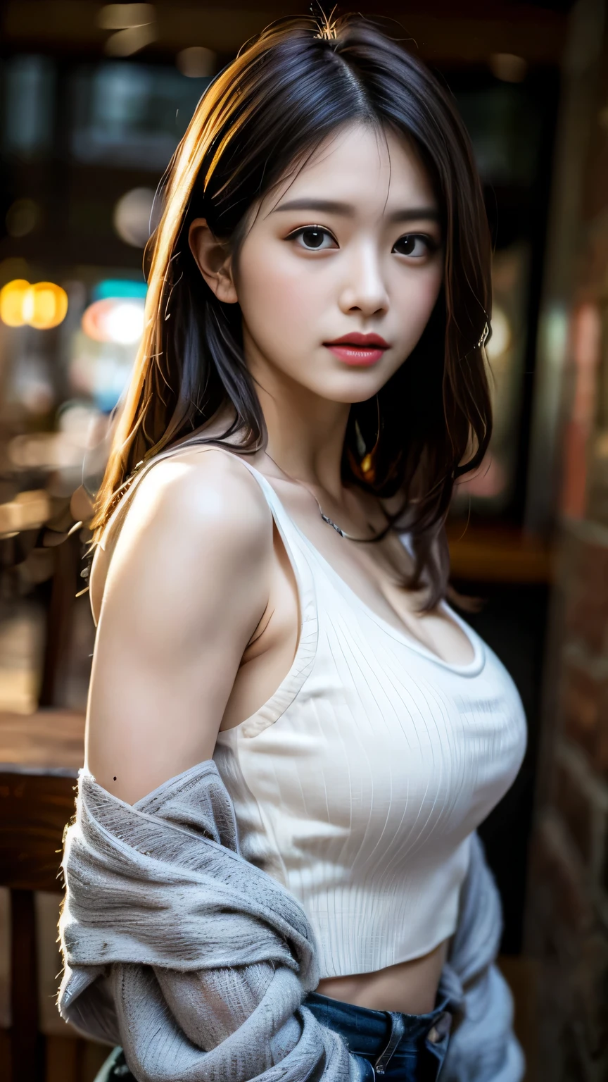 table top, highest quality, shape, Super detailed, finely, High resolution, 8k wallpaper, 完璧なダイナミックな構shape, beautiful and detailed eyes, Blue blouse, medium hair,(model's stance), (body facing forward,face to face:1.3), slightly saggy chest、lingerie、20 year old girl, cowboy shot,