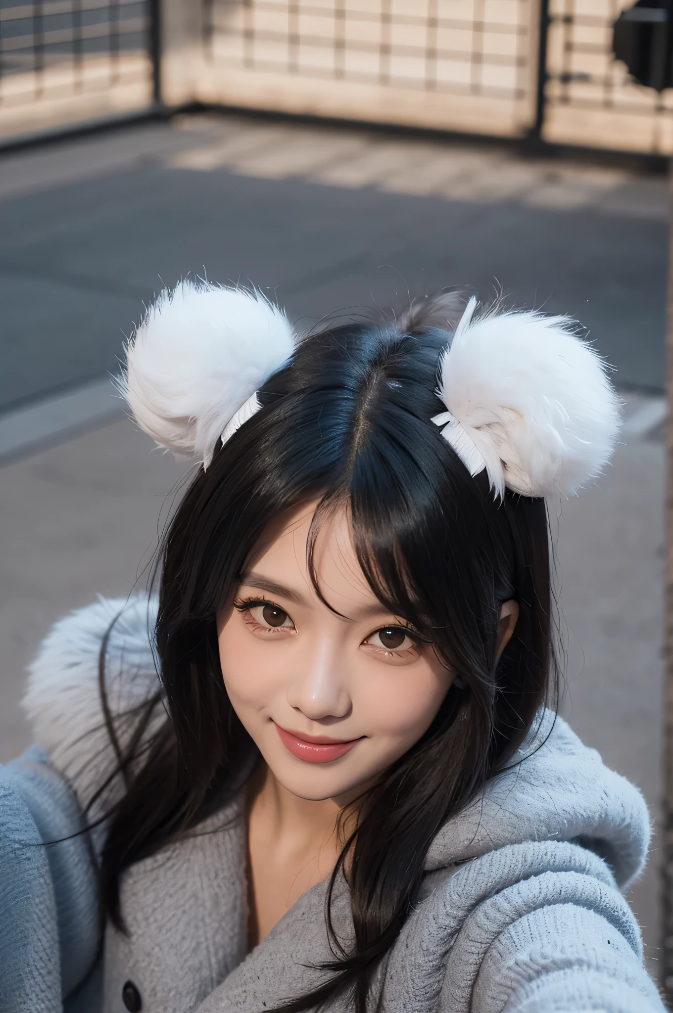 (black hair, Hairball, Winston, long eyelashes, round eyes, fake animal ears, subtle smile, blush, square, Surrealism, shadow, embossed, 3d rendering, portrait, Toss, Dramatic perspective, 8K resolution, Super detailed, precise, best quality)