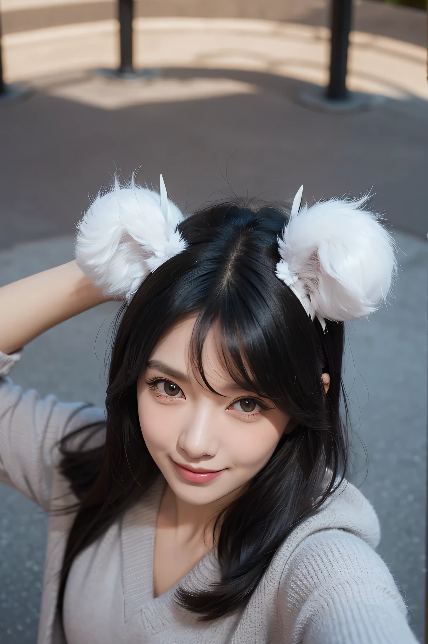 (black hair, Hairball, Winston, long eyelashes, round eyes, fake animal ears, subtle smile, blush, square, Surrealism, shadow, embossed, 3d rendering, portrait, Toss, Dramatic perspective, 8K resolution, Super detailed, precise, best quality)